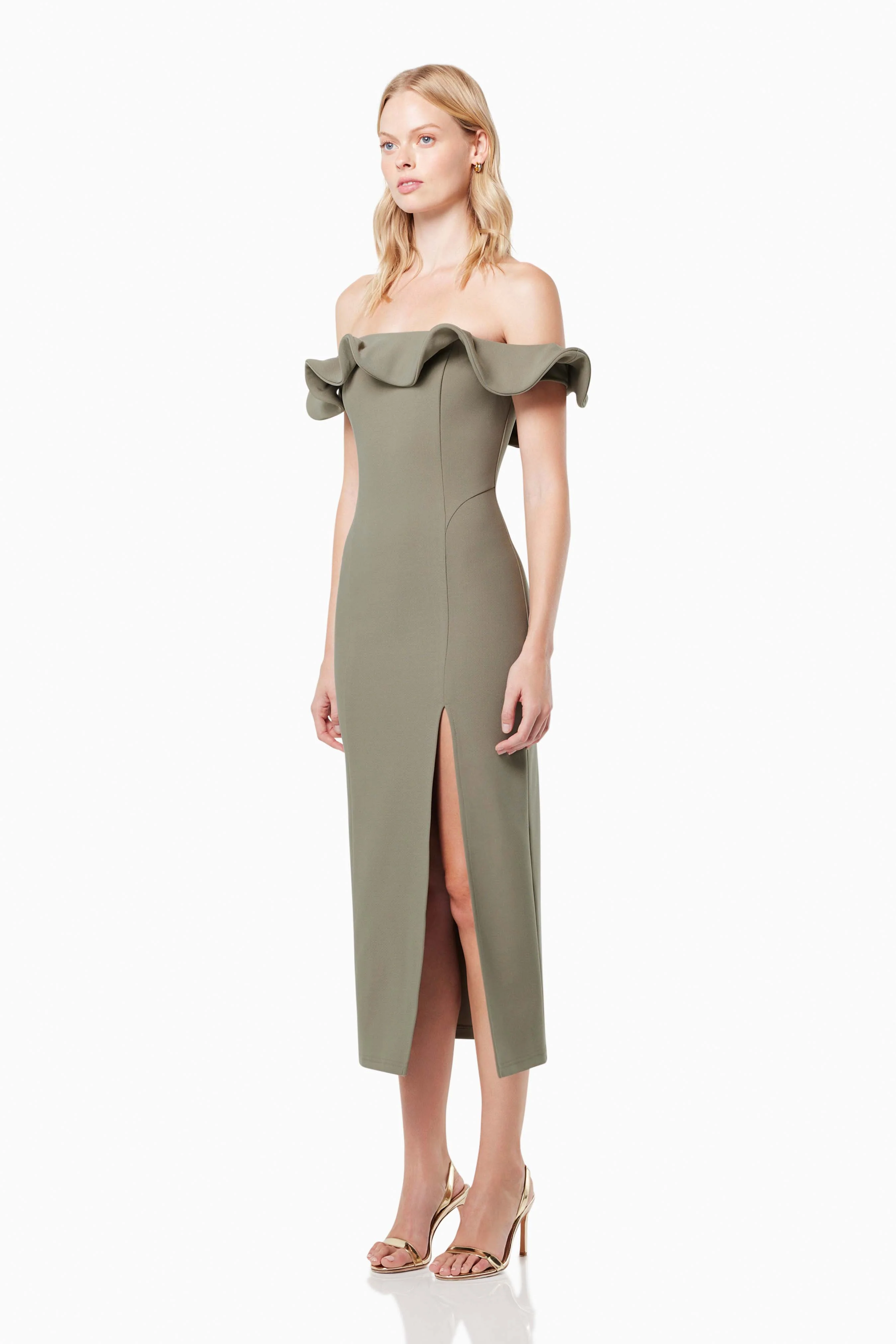 Dancehall Midi Off The Shoulder Midi Dress In Green