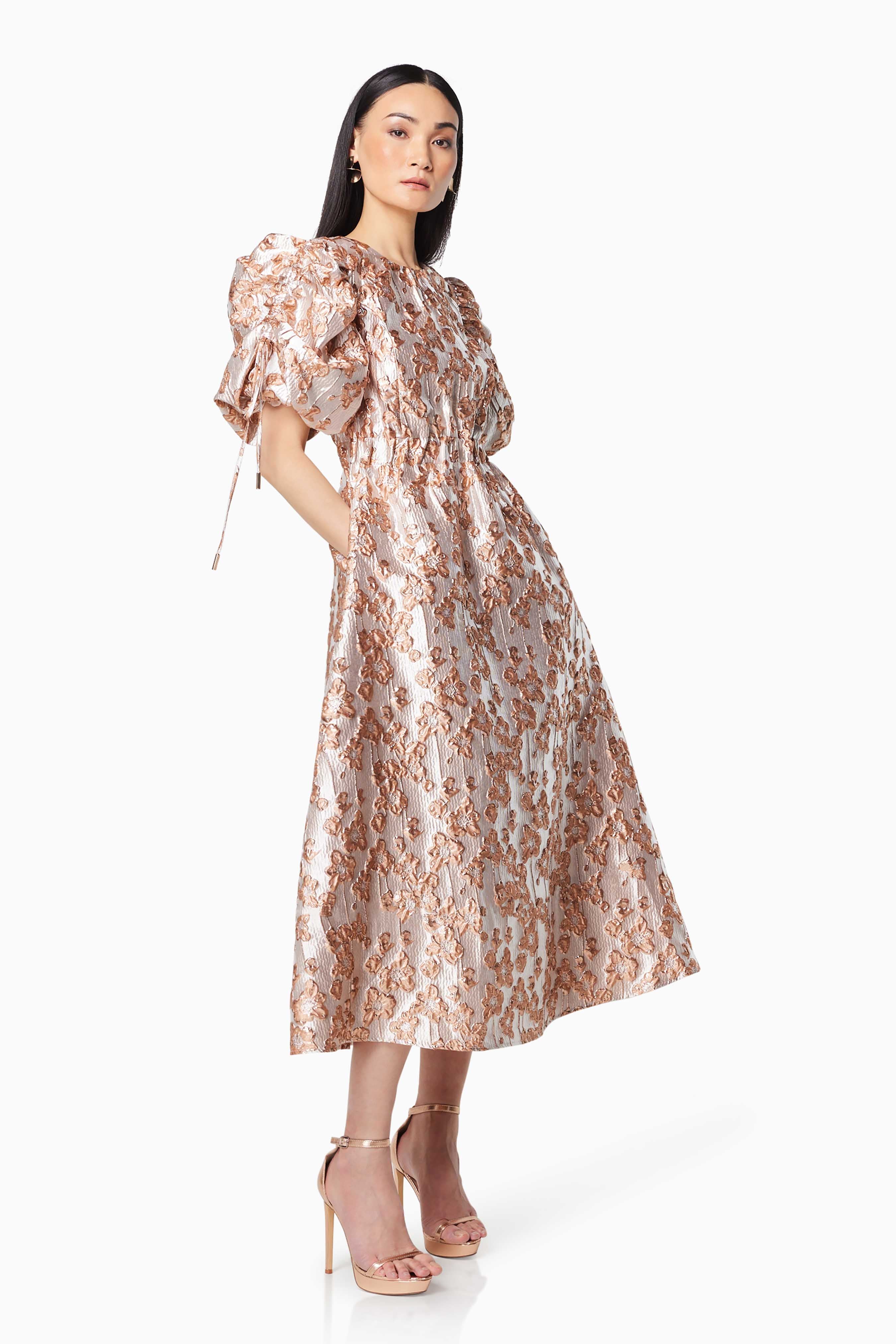 Mystique Short Puffed Metallic Midi Dress In Pink