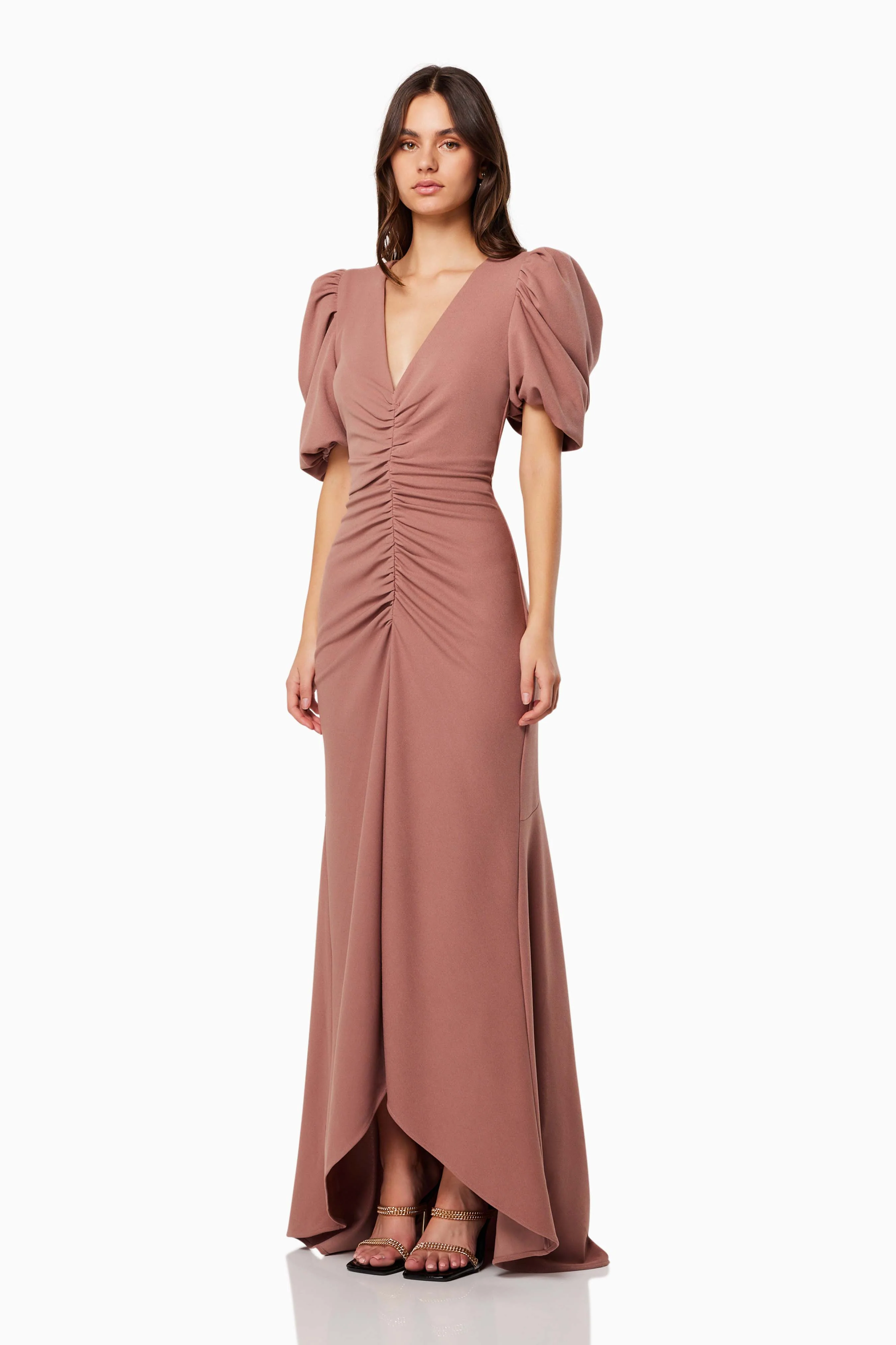 Amaryllis Short Puffed Maxi Gown In Brown