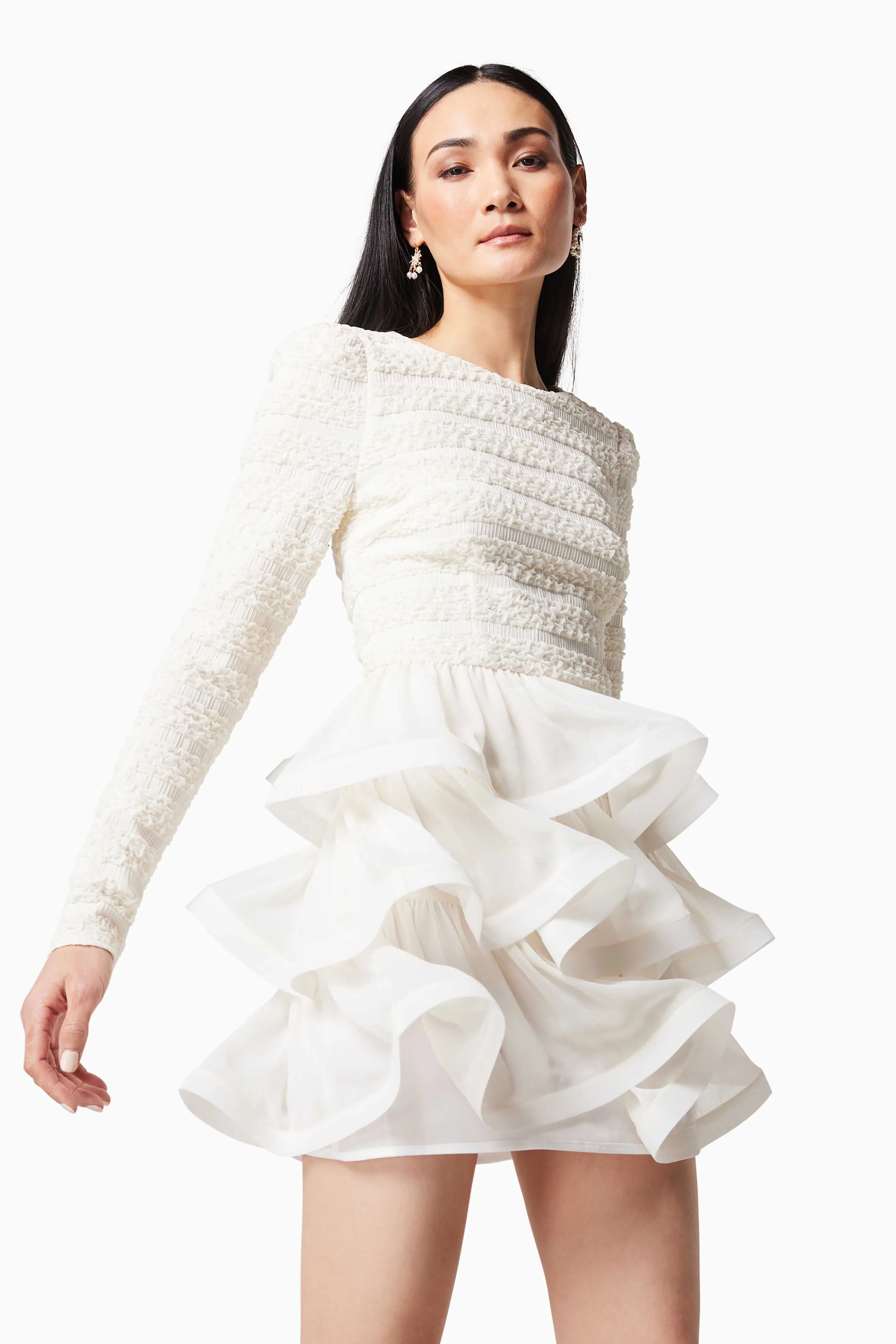 Sophisticate Ruffled Long Sleeved Mini Dress In White
