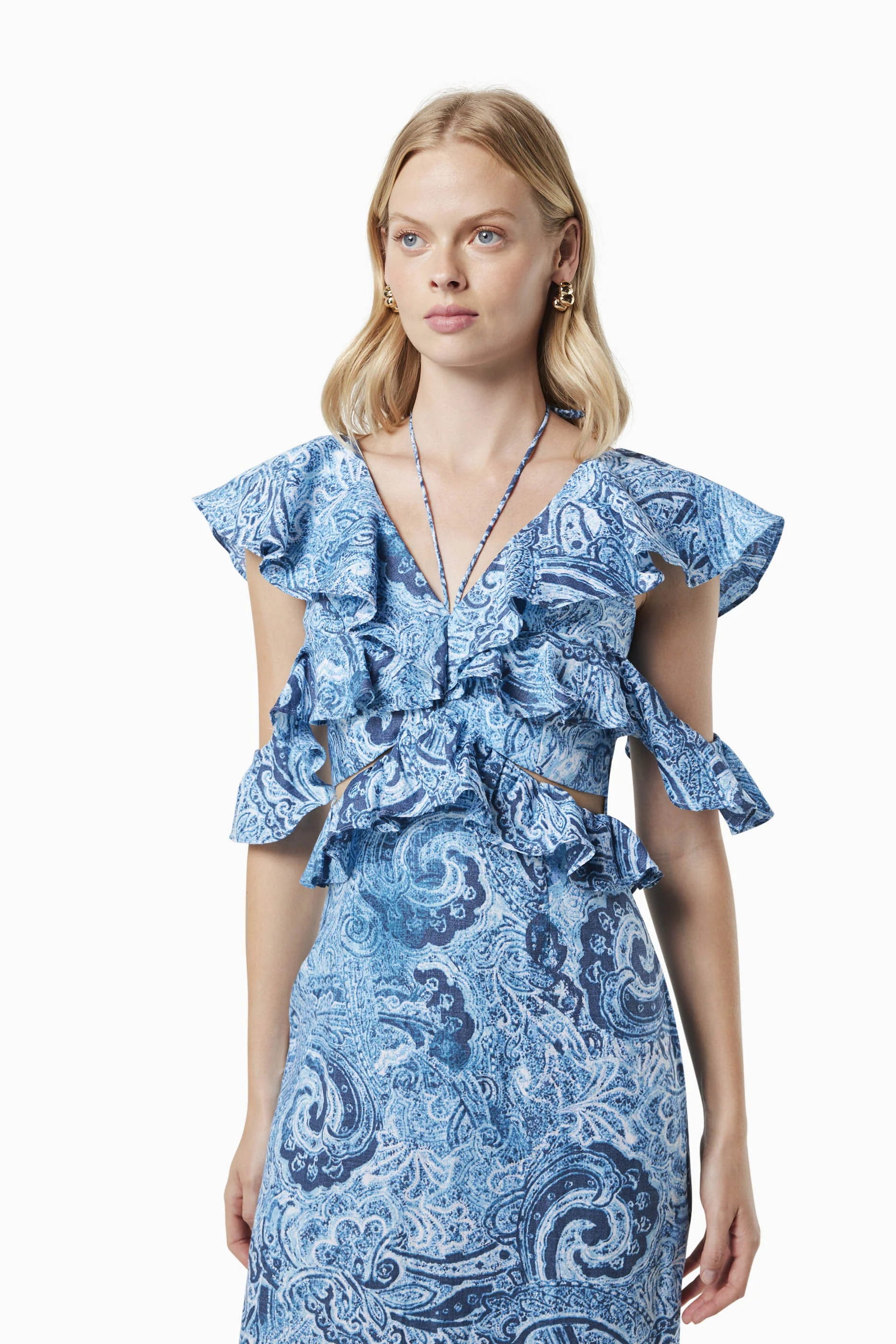 Snow Printed Linen Maxi Gown In Blue