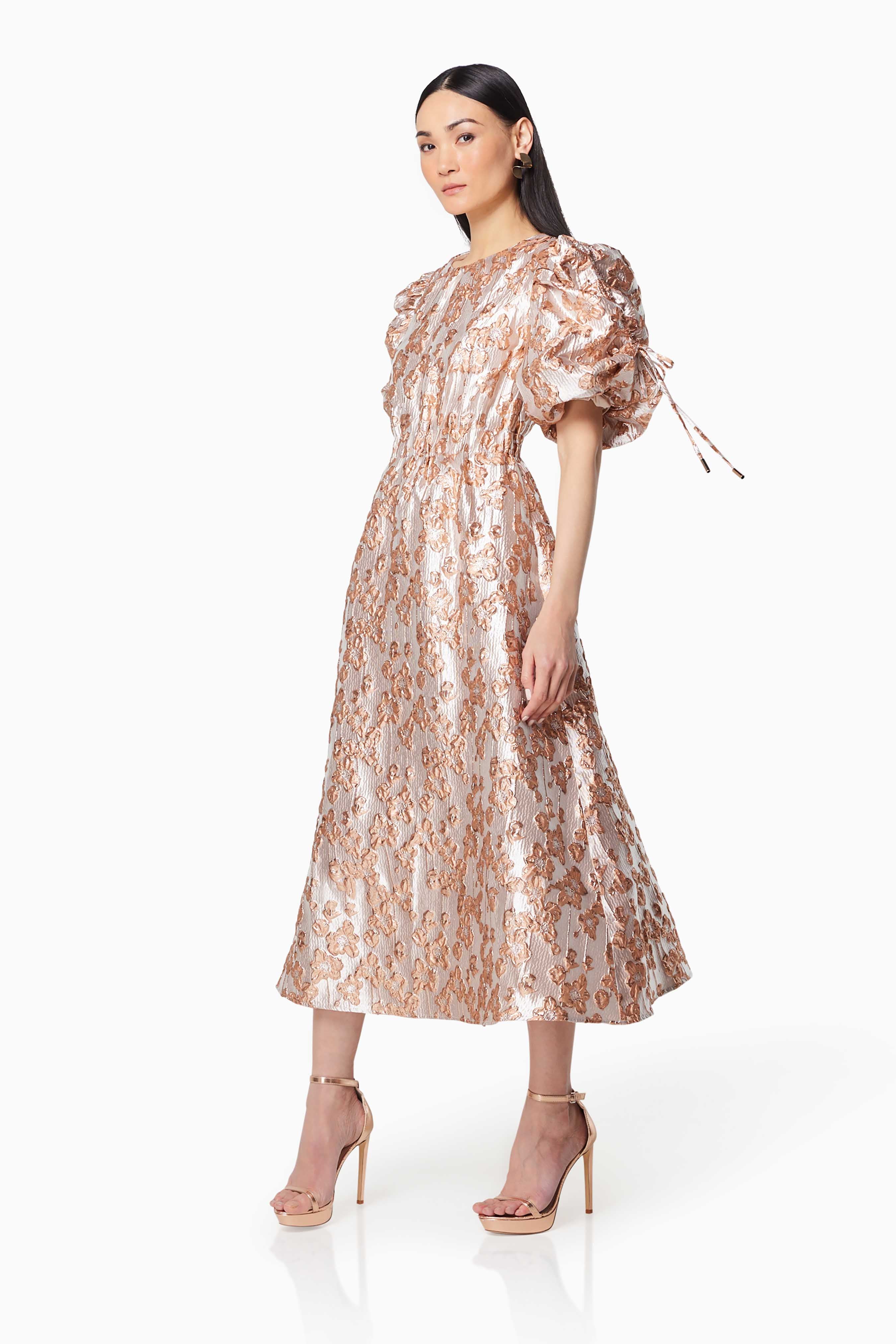 Mystique Short Puffed Metallic Midi Dress In Pink