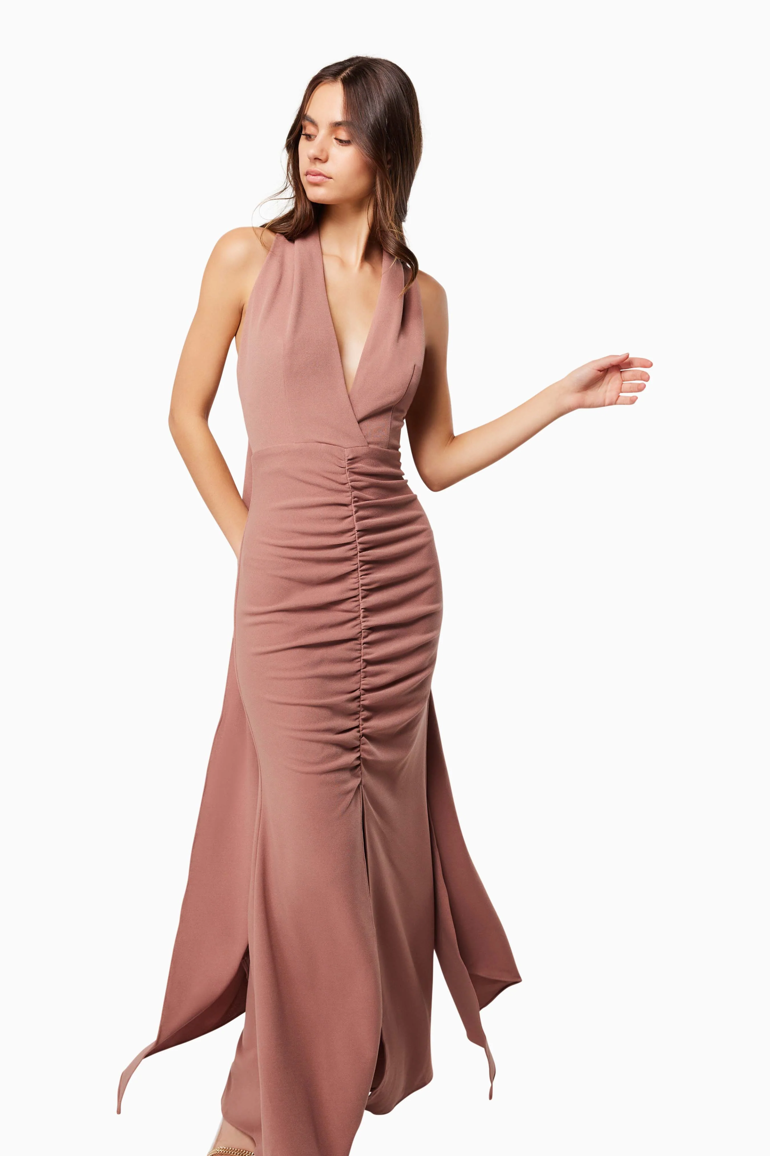 Zephyra Halterneck Midi Dress In Brown