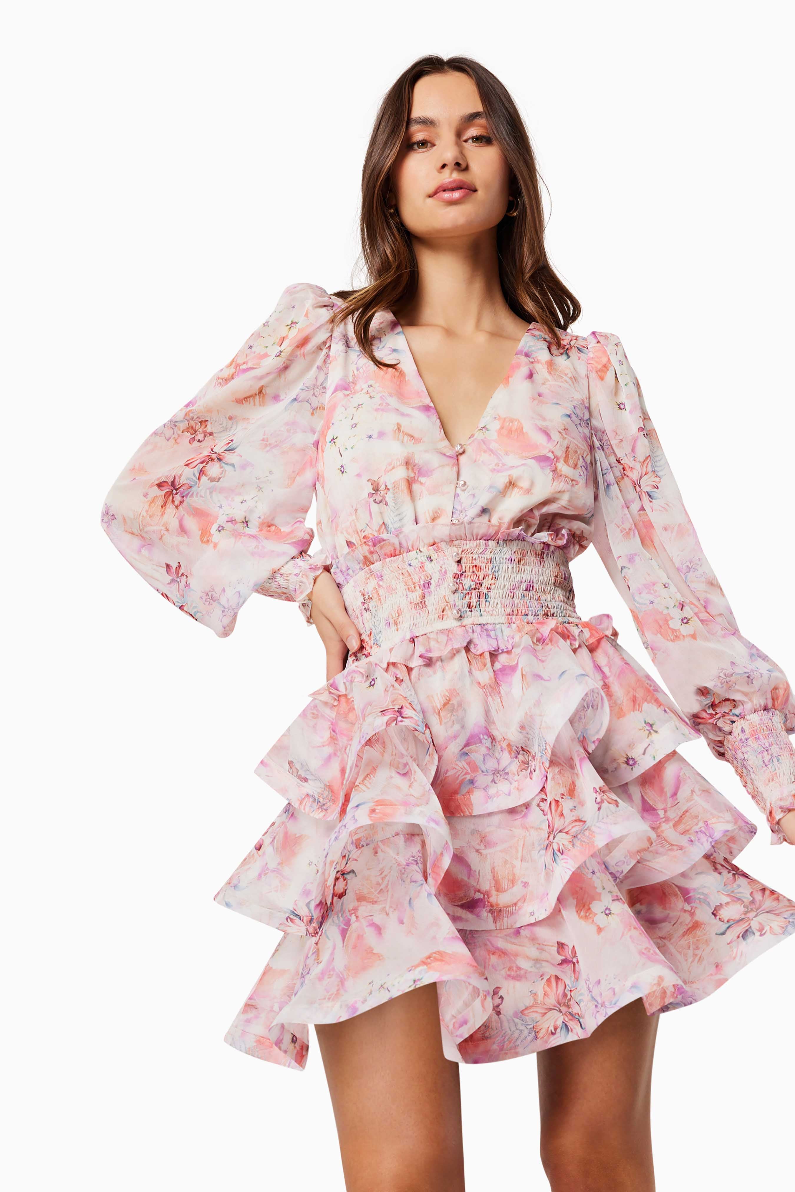 Lovebird Ruffled Tiered Mini Dress In Multi