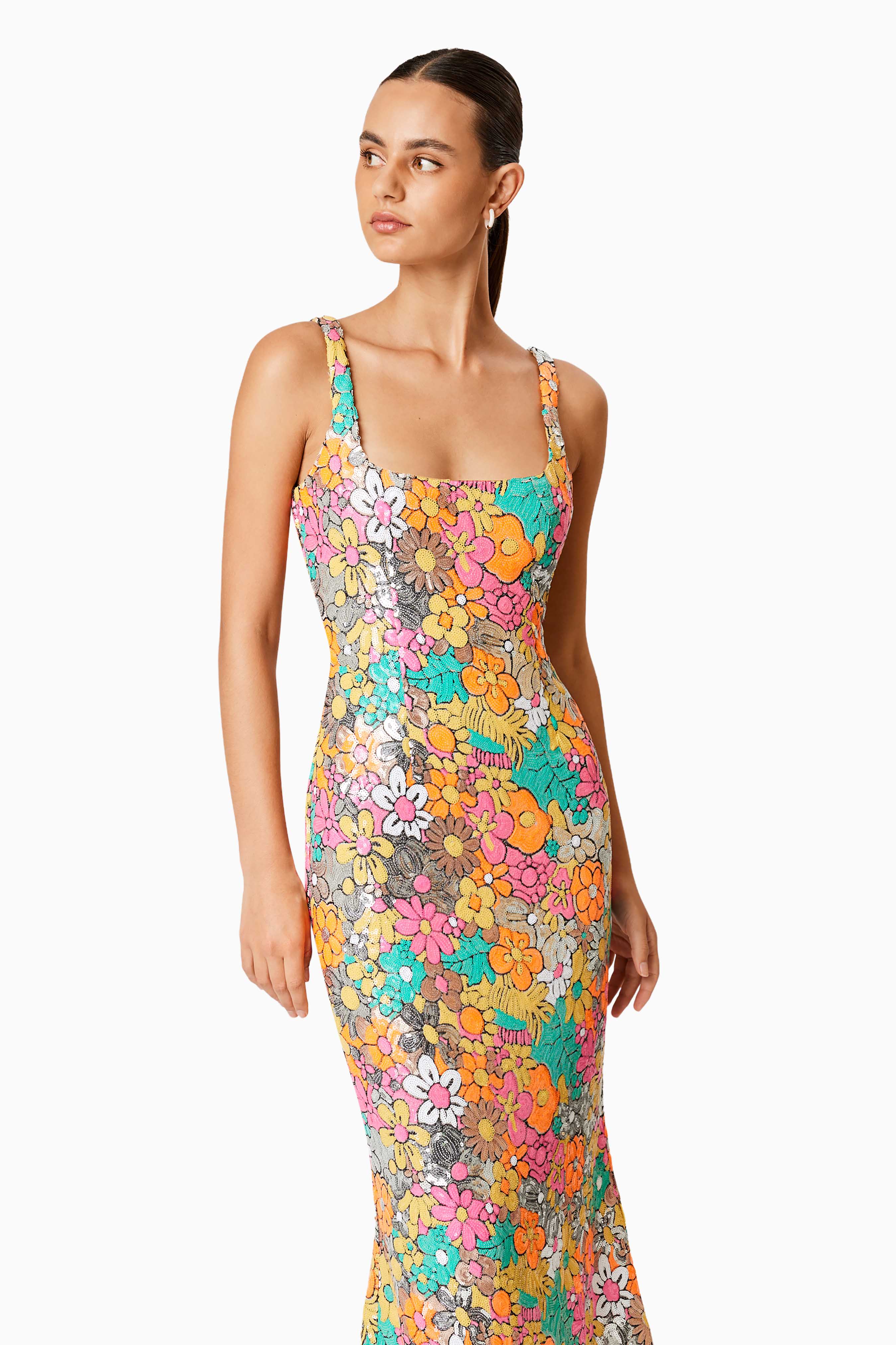 Tiki Floral Sequin Fitted Maxi Dress In Multi