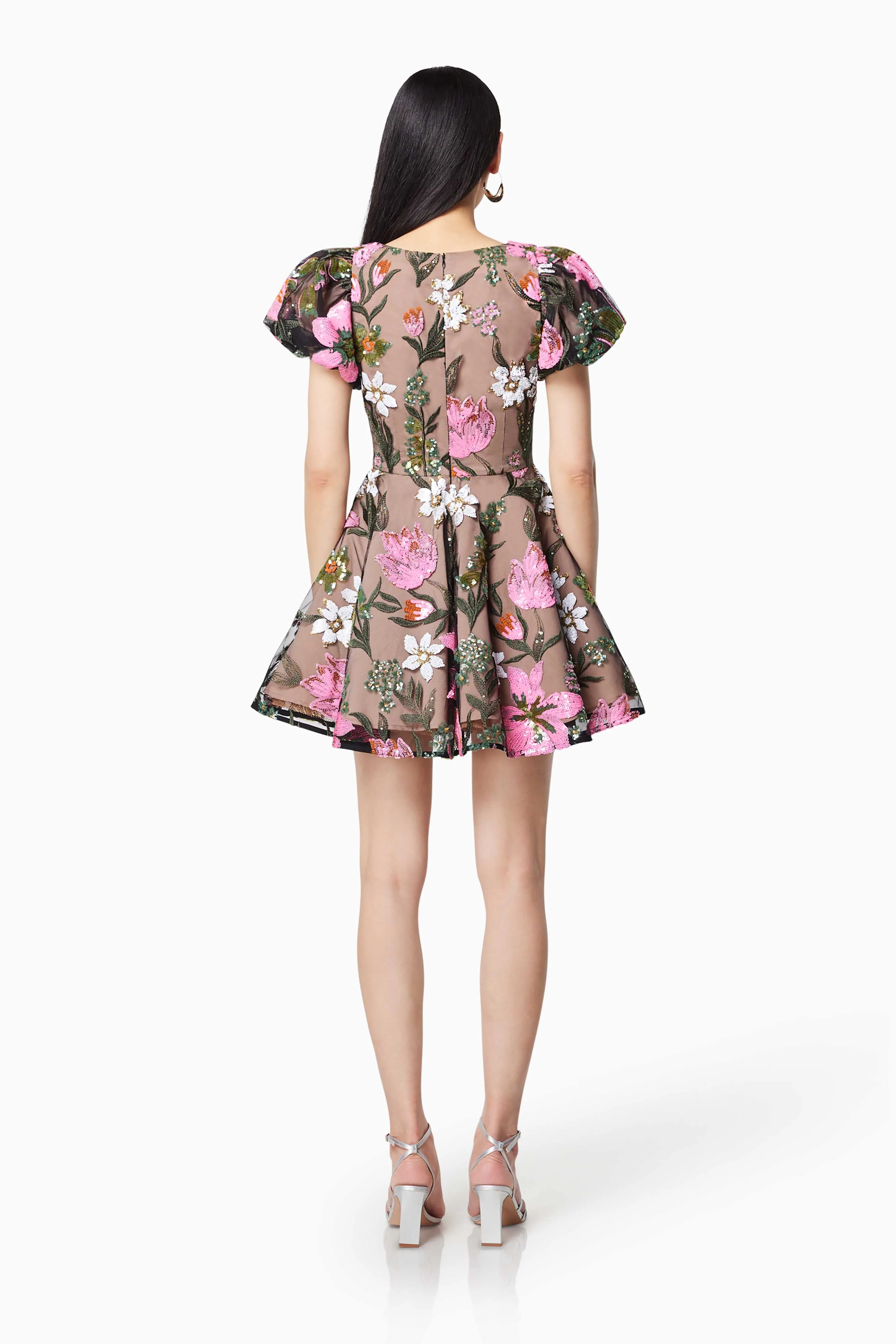 Stellar Floral Sequin Mini Dress In Brown