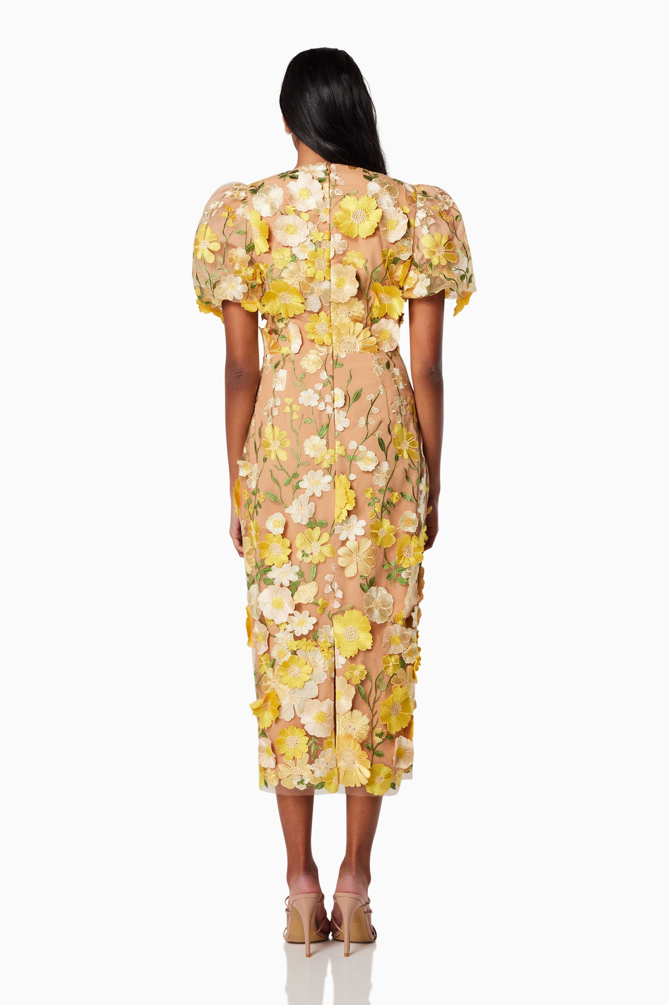 Indie 3D Floral Midi Dress In Yellow