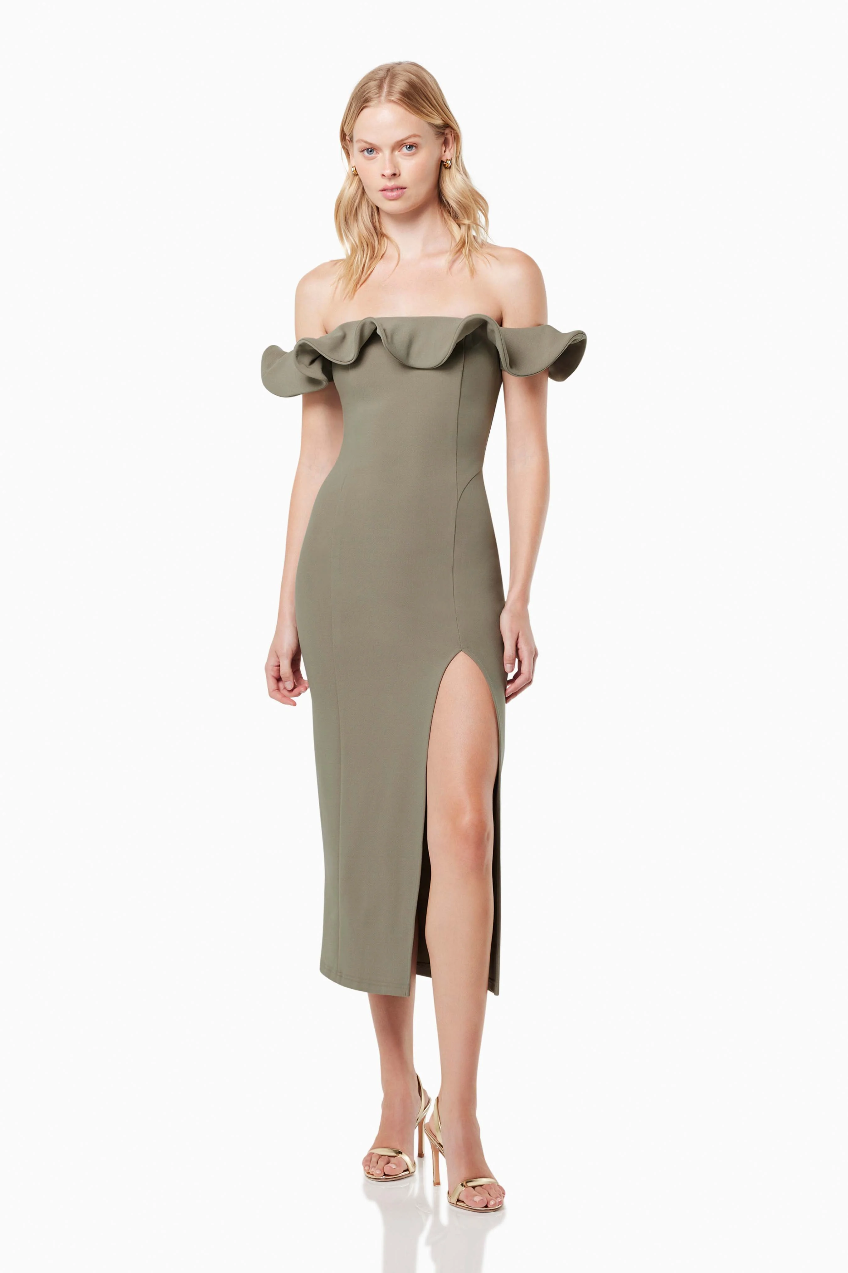 Dancehall Midi Off The Shoulder Midi Dress In Green