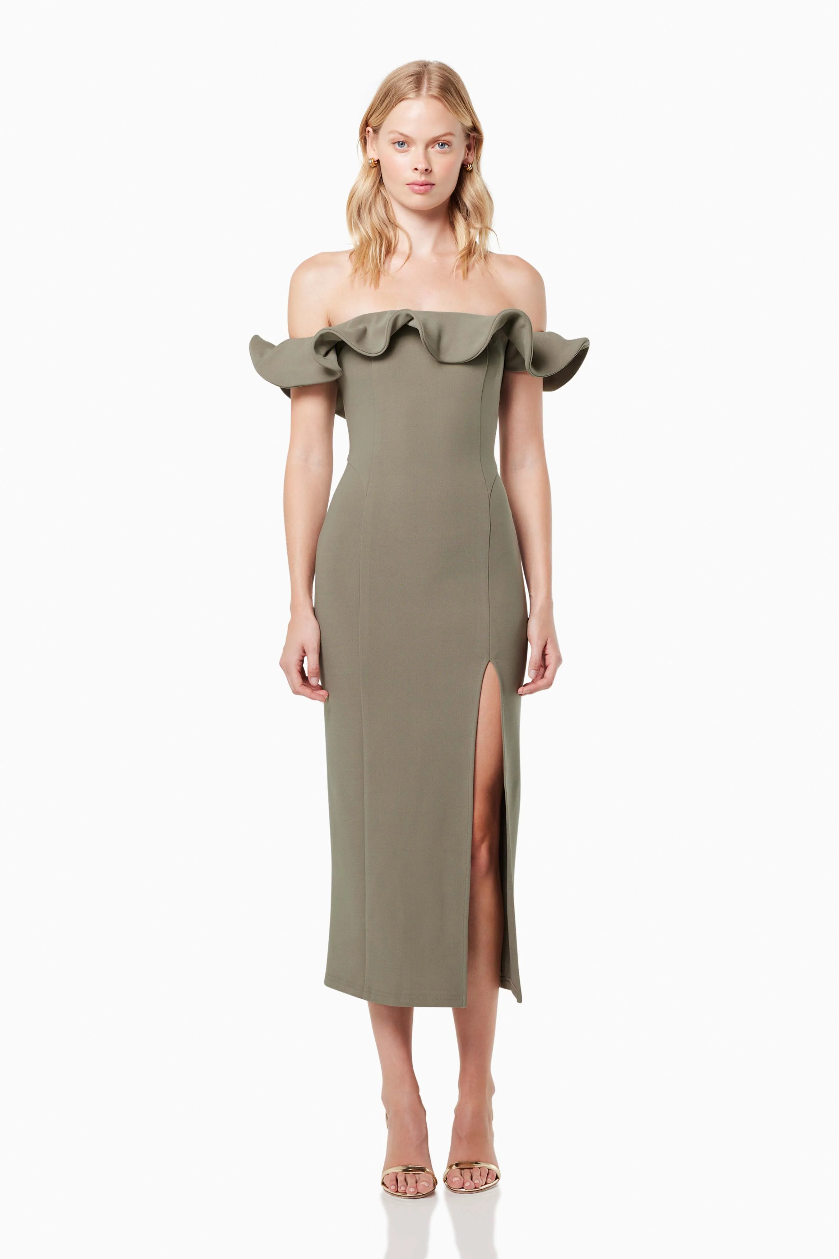 Dancehall Midi Off The Shoulder Midi Dress In Green
