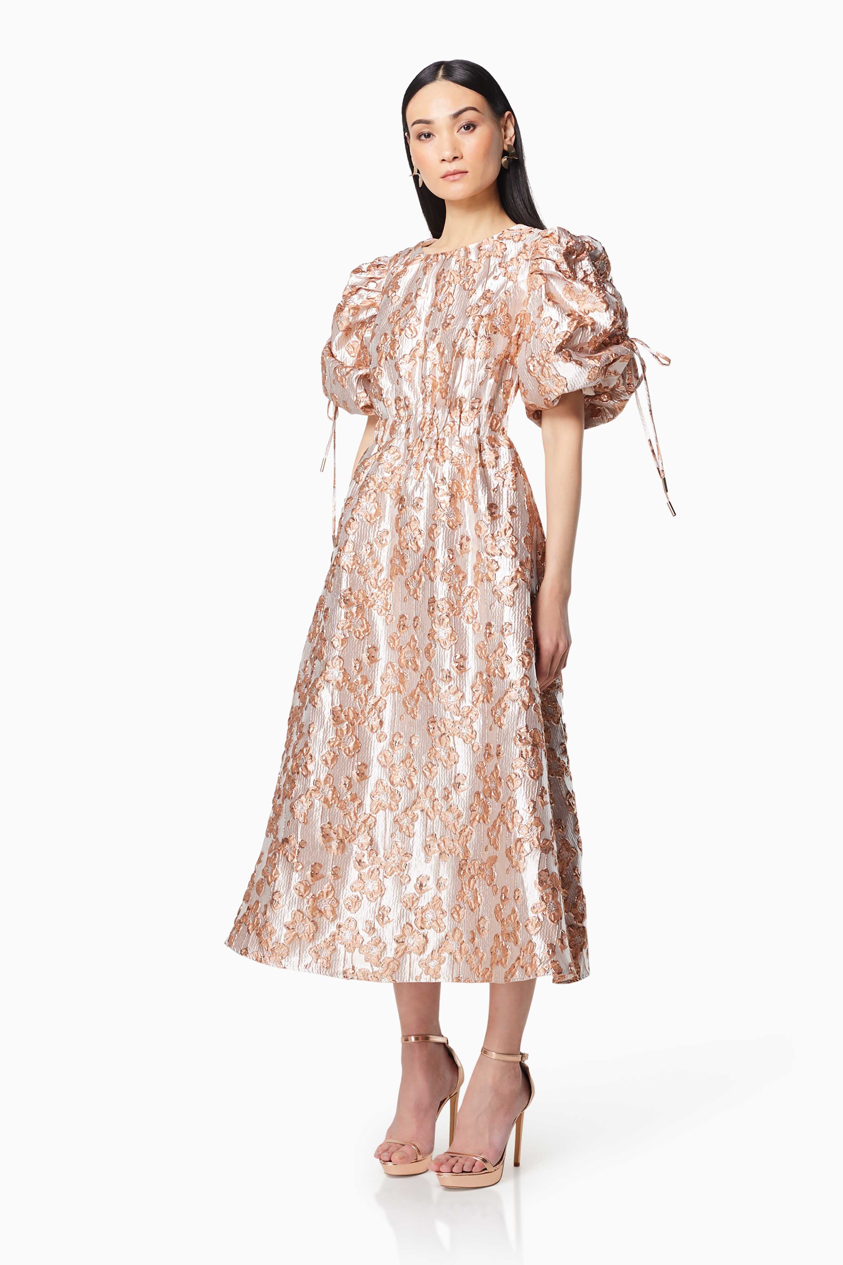 Mystique Short Puffed Metallic Midi Dress In Pink