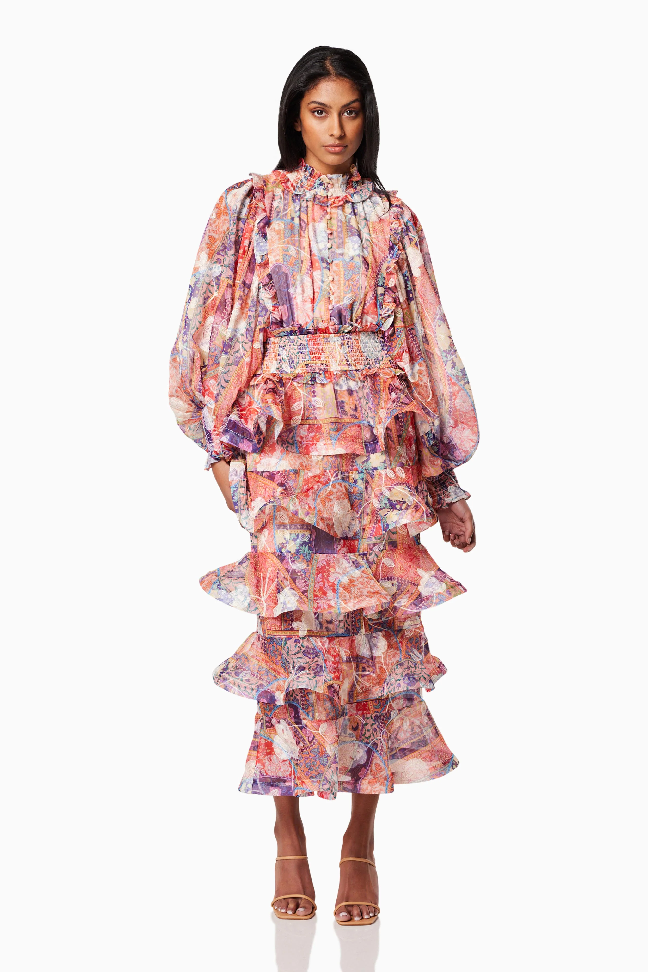 Coachella Sheer Long Sleeve Midi Dress In Orange