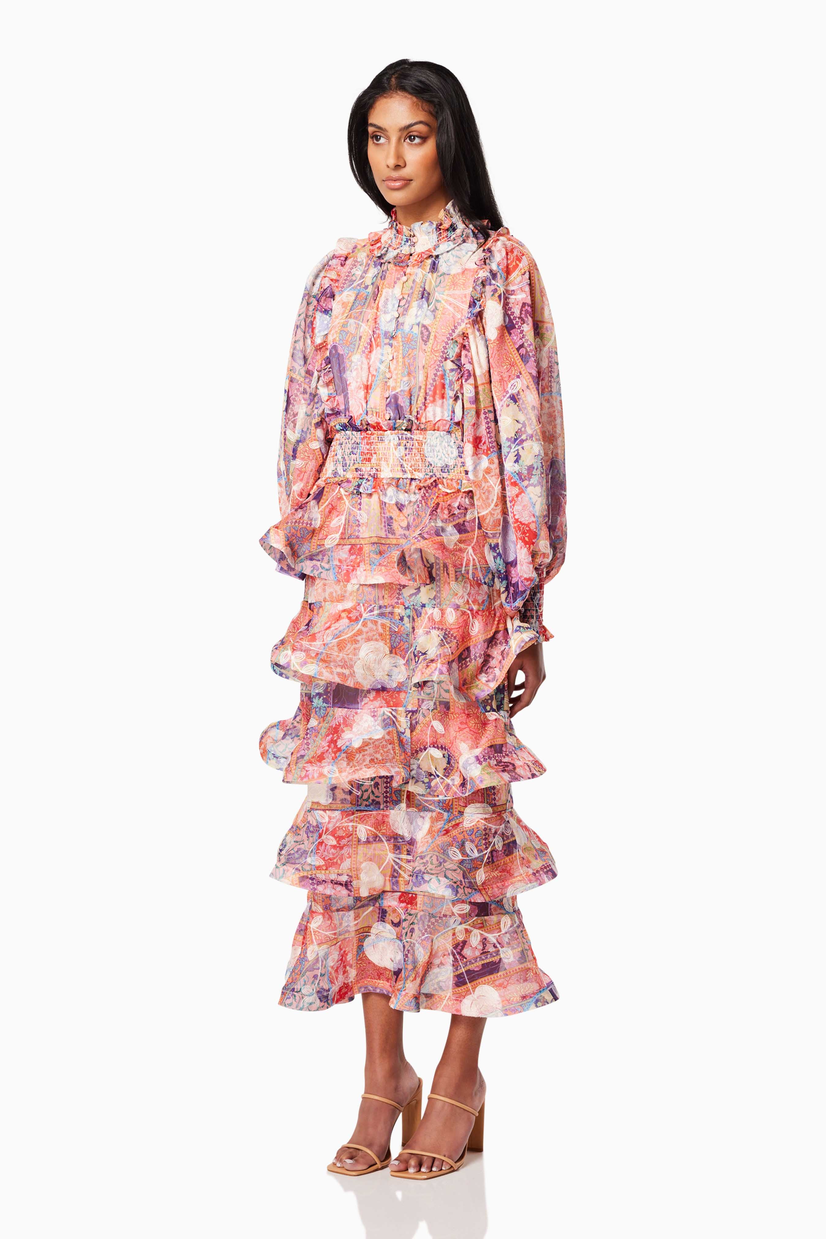 Coachella Sheer Long Sleeve Midi Dress In Orange