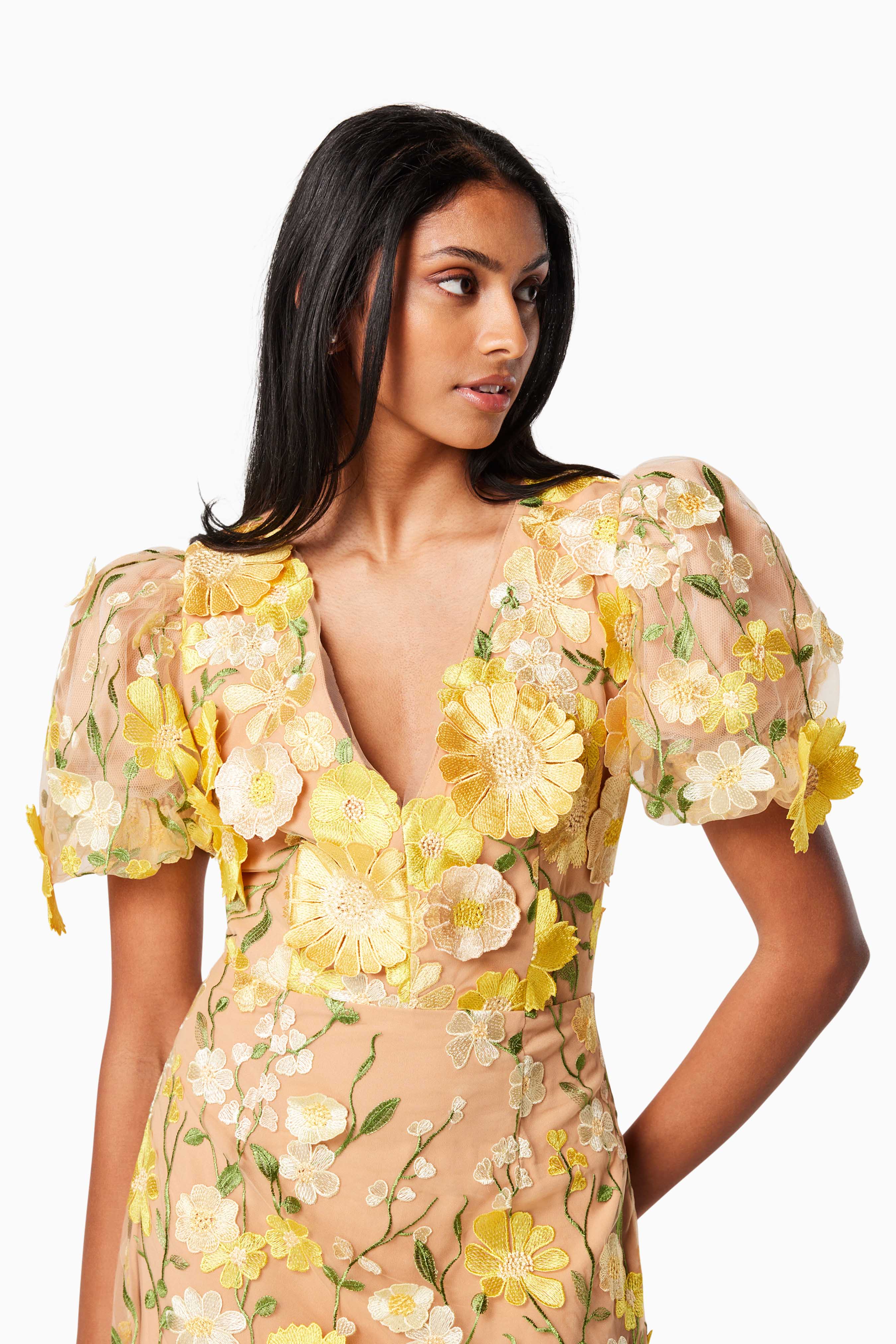 Indie 3D Floral Midi Dress In Yellow