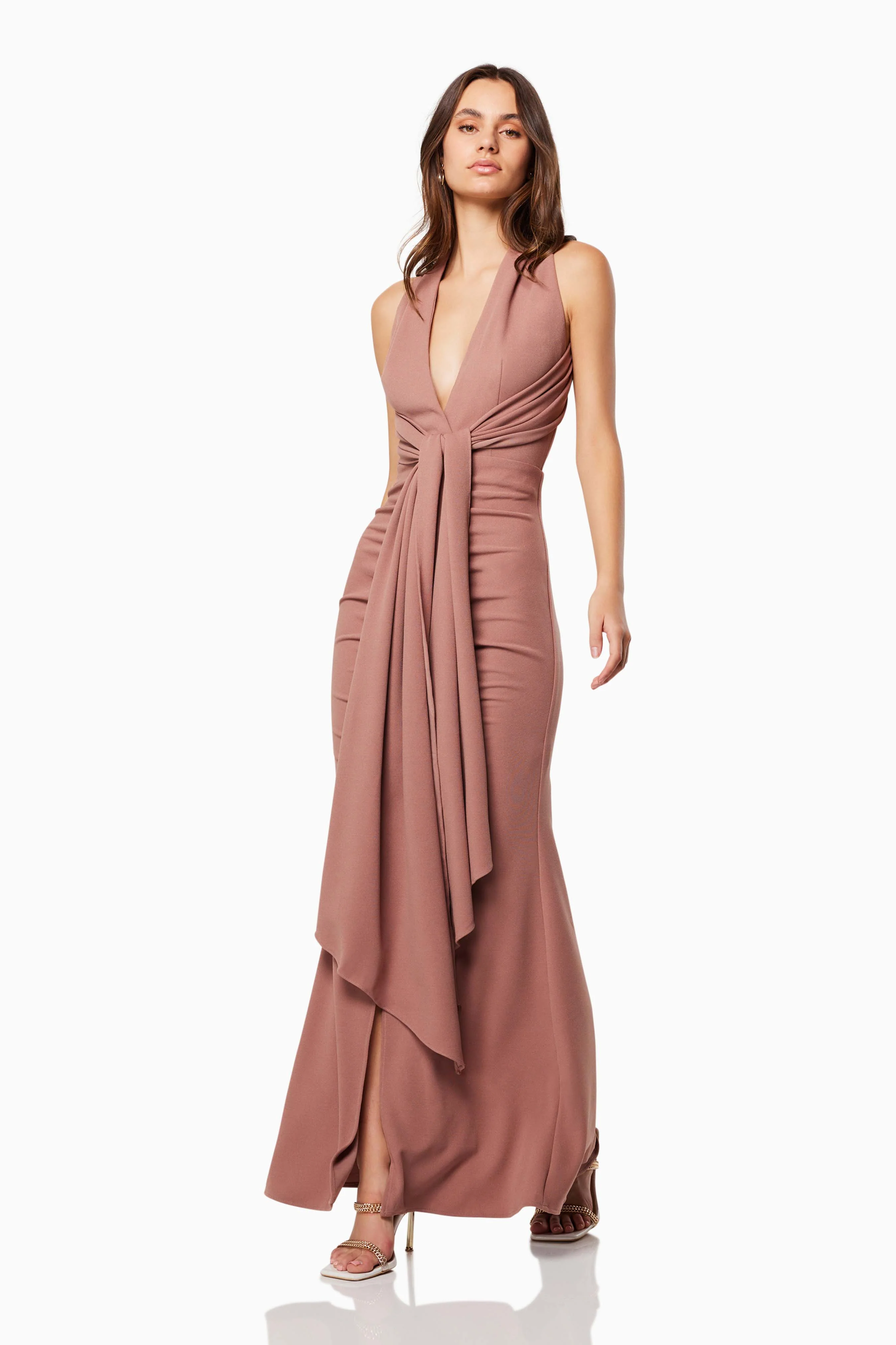 Zephyra Halterneck Midi Dress In Brown