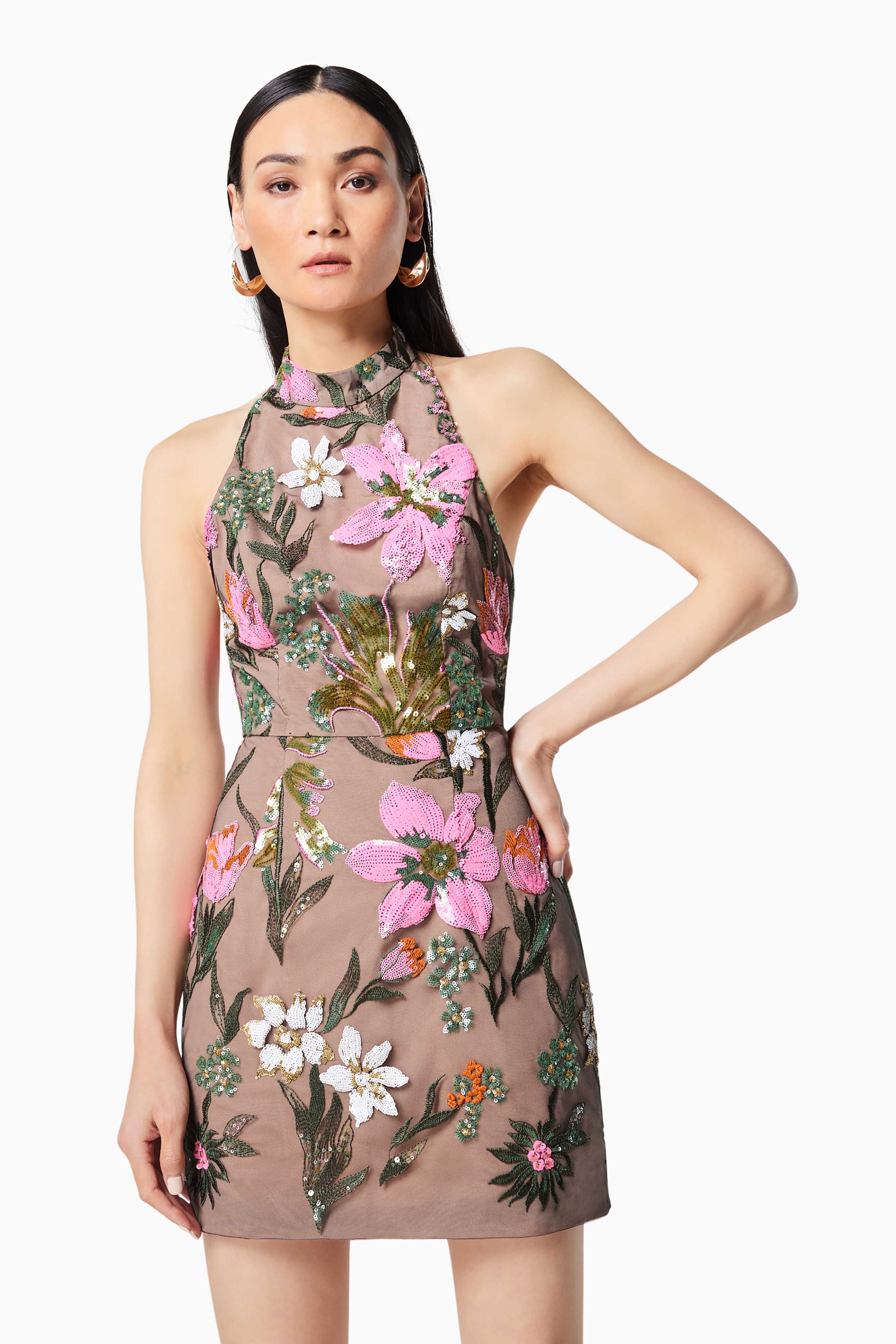 Luminary Floral Sequin Mini Dress In Brown