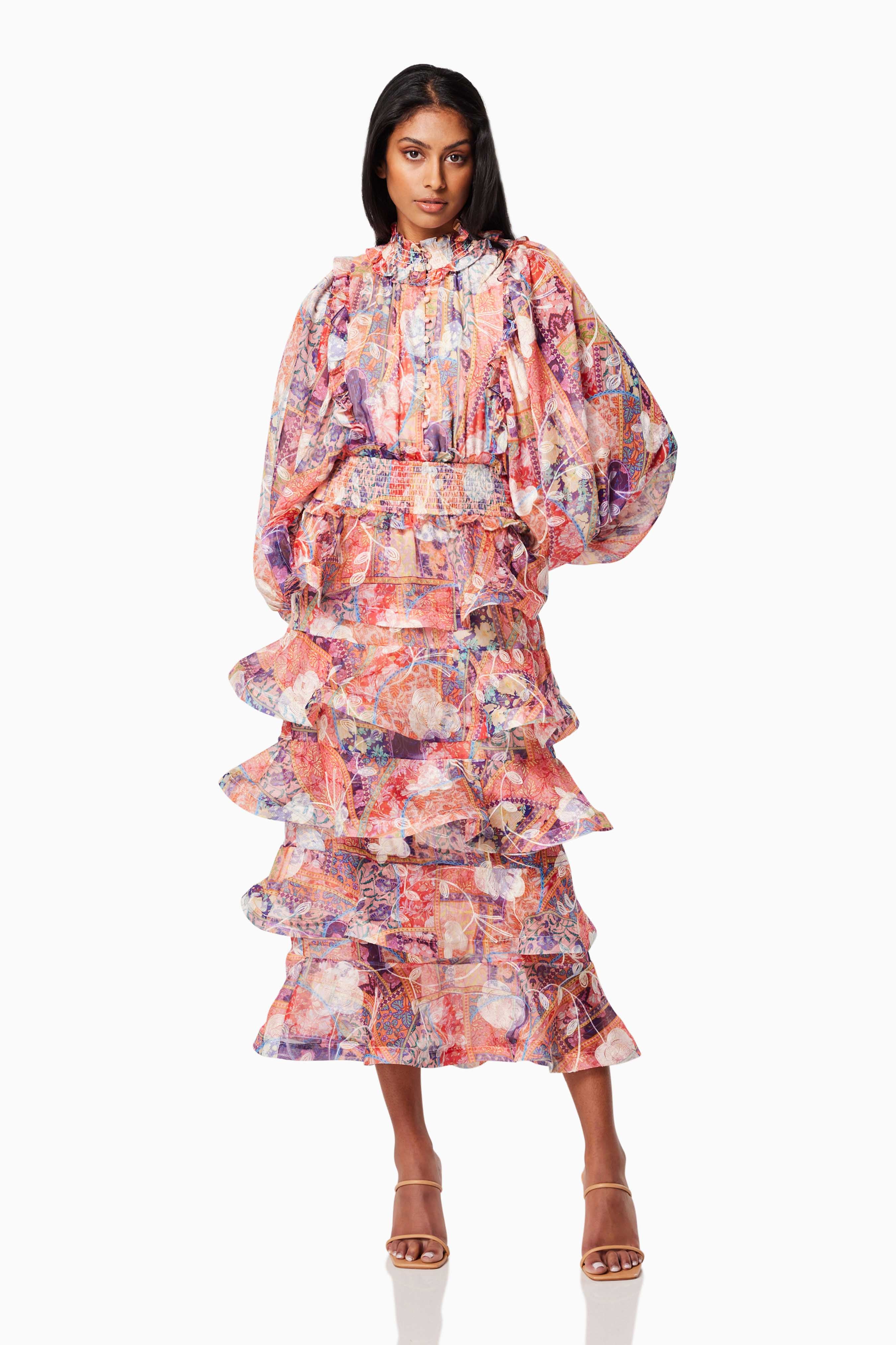 Coachella Sheer Long Sleeve Midi Dress In Orange