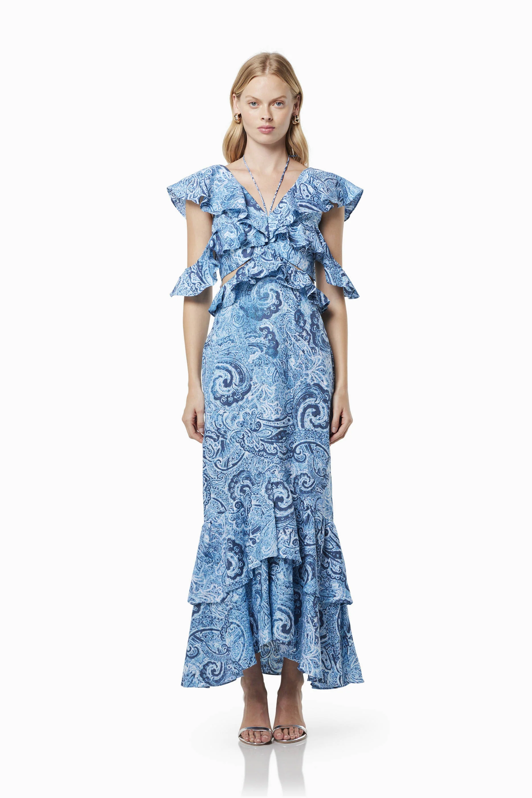 Snow Printed Linen Maxi Gown In Blue