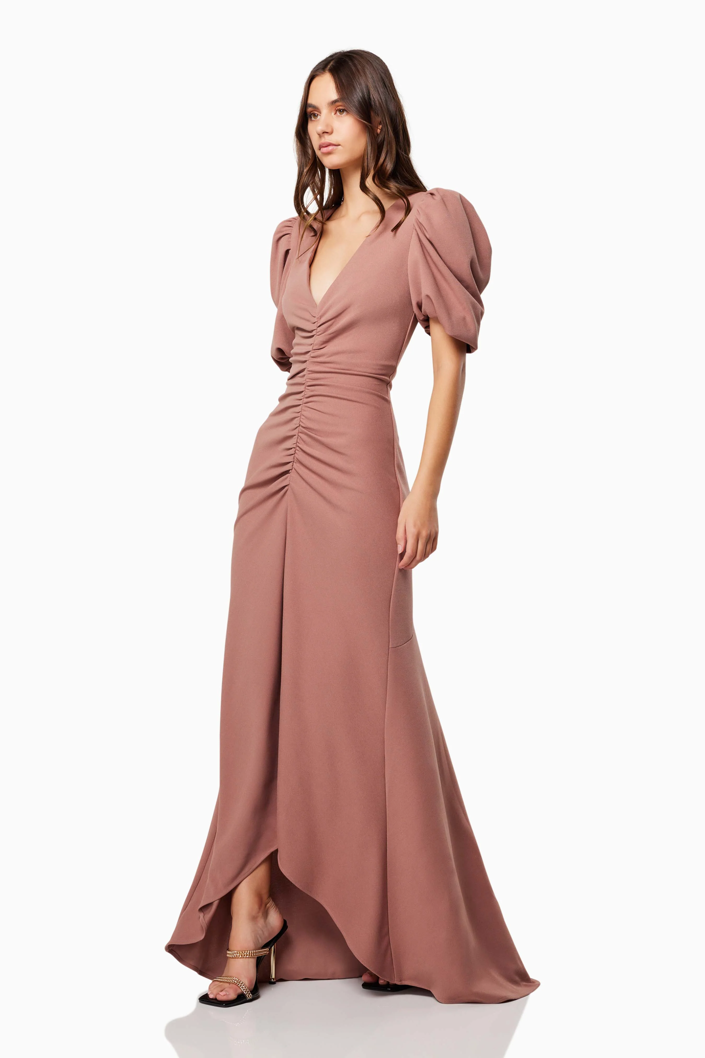 Amaryllis Short Puffed Maxi Gown In Brown
