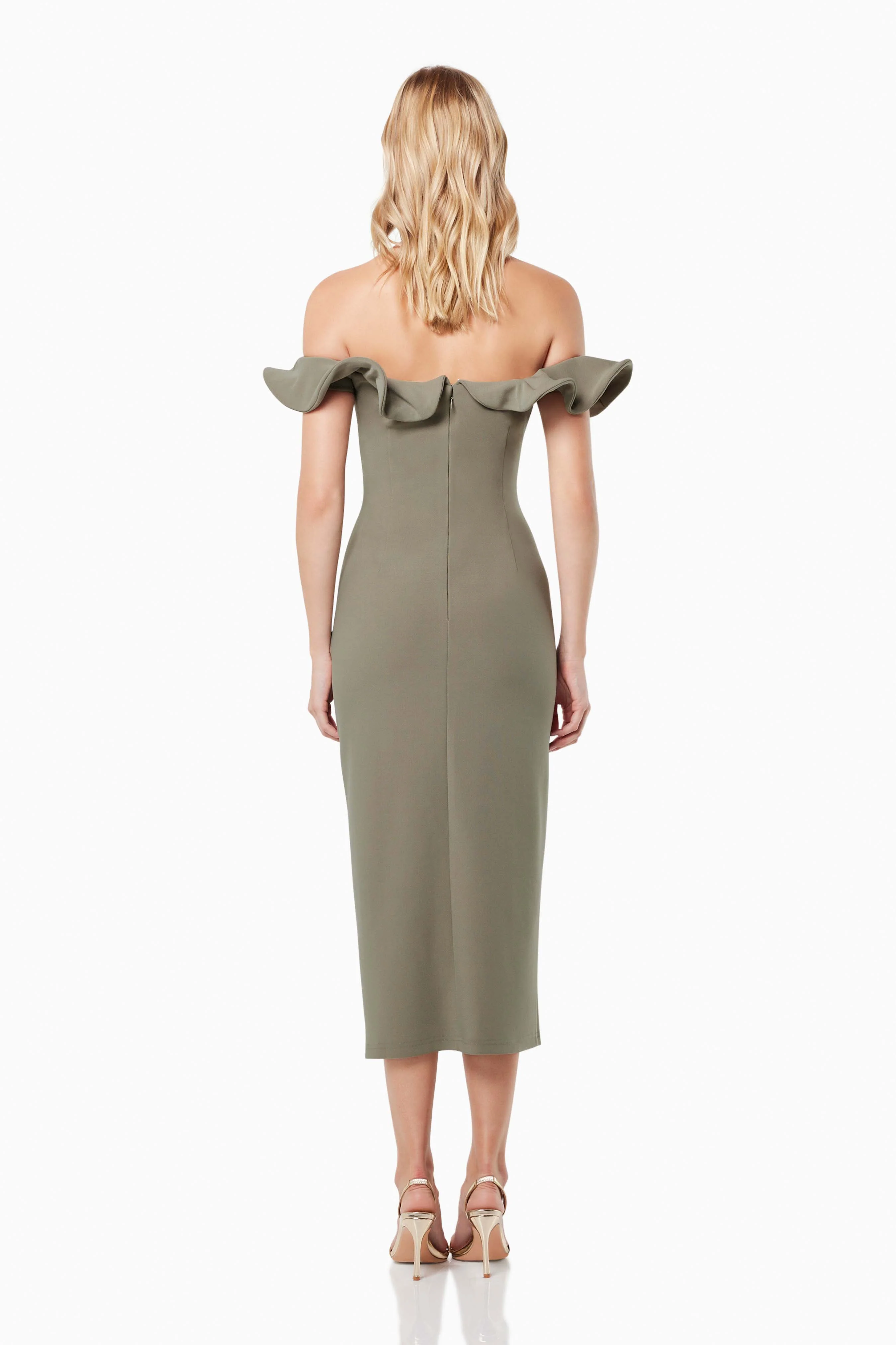 Dancehall Midi Off The Shoulder Midi Dress In Green