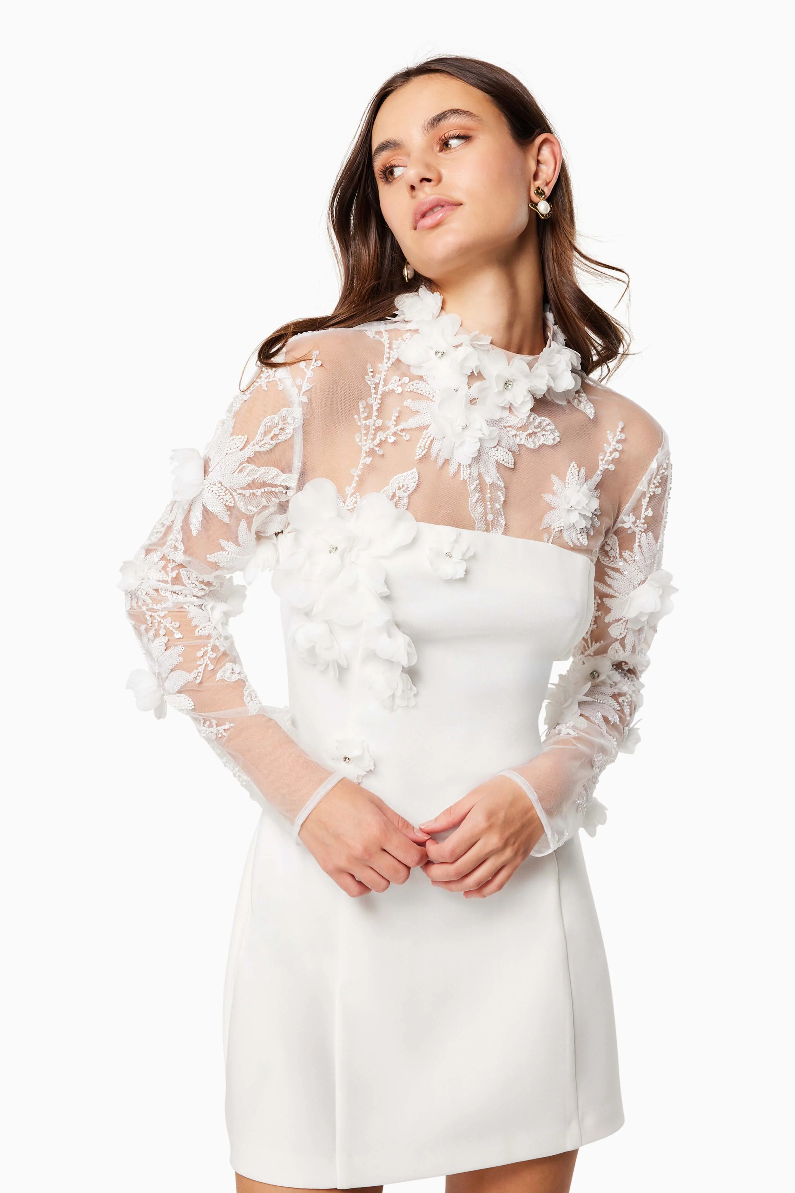 Damaris 3D Beade Mesh Mini Dress In White
