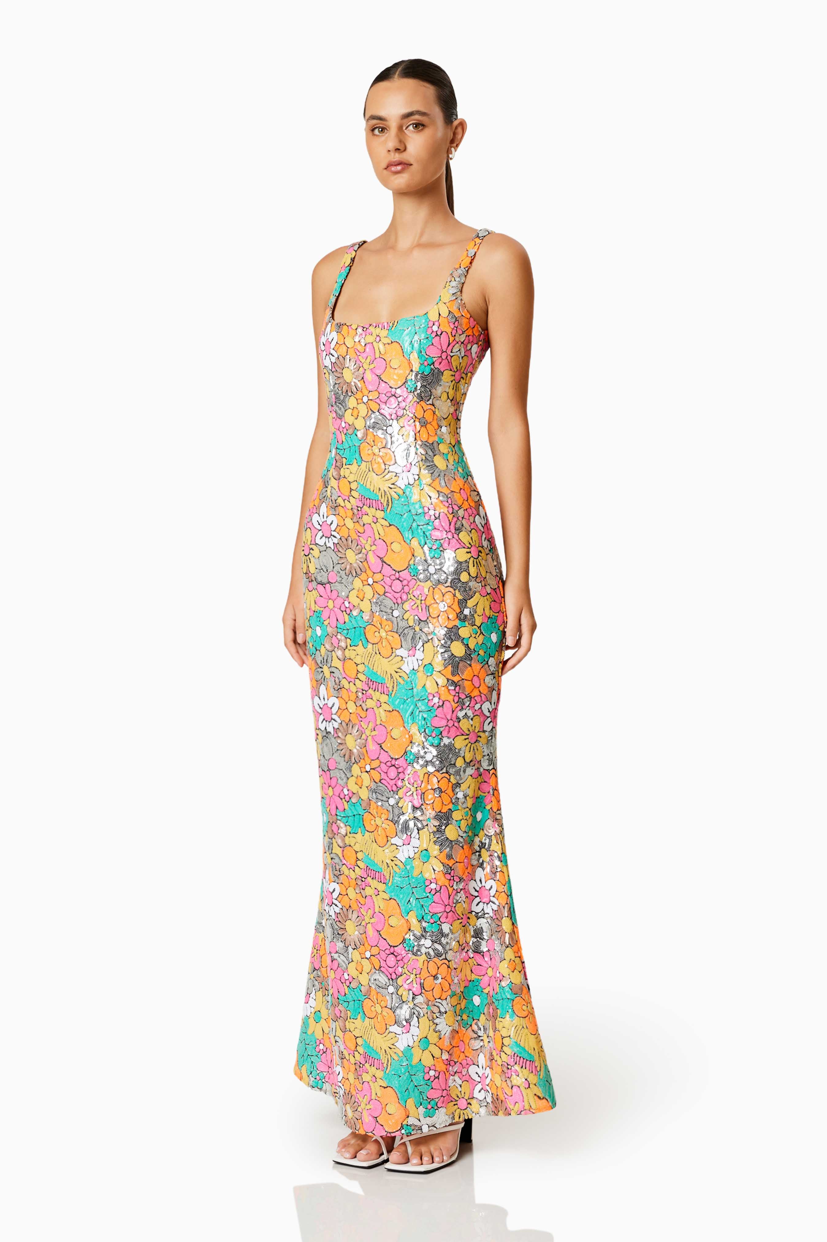 Tiki Floral Sequin Fitted Maxi Dress In Multi