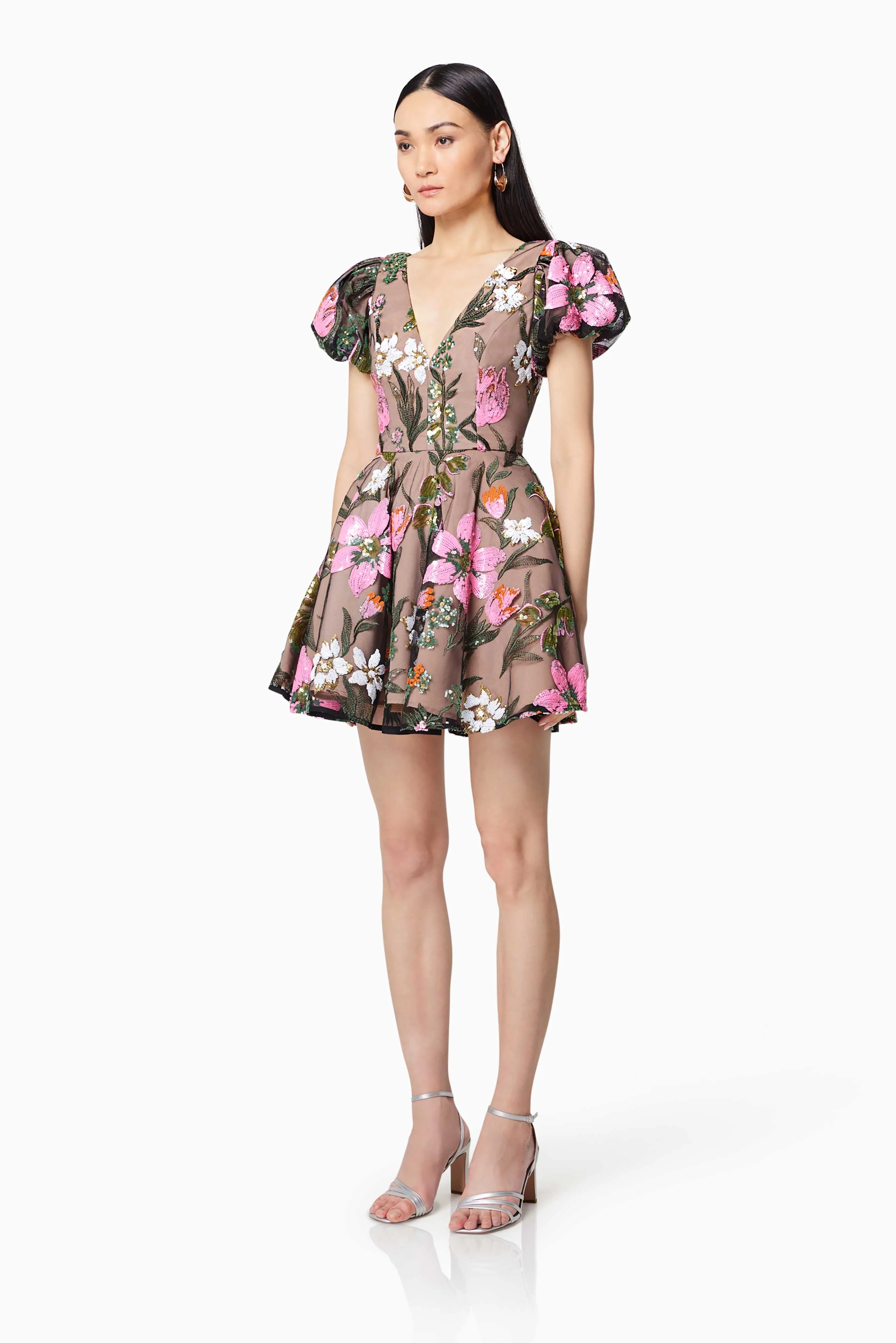Stellar Floral Sequin Mini Dress In Brown