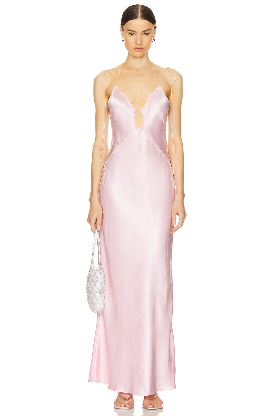 Terrin Satin Plunging Neckline Maxi Dress Pink