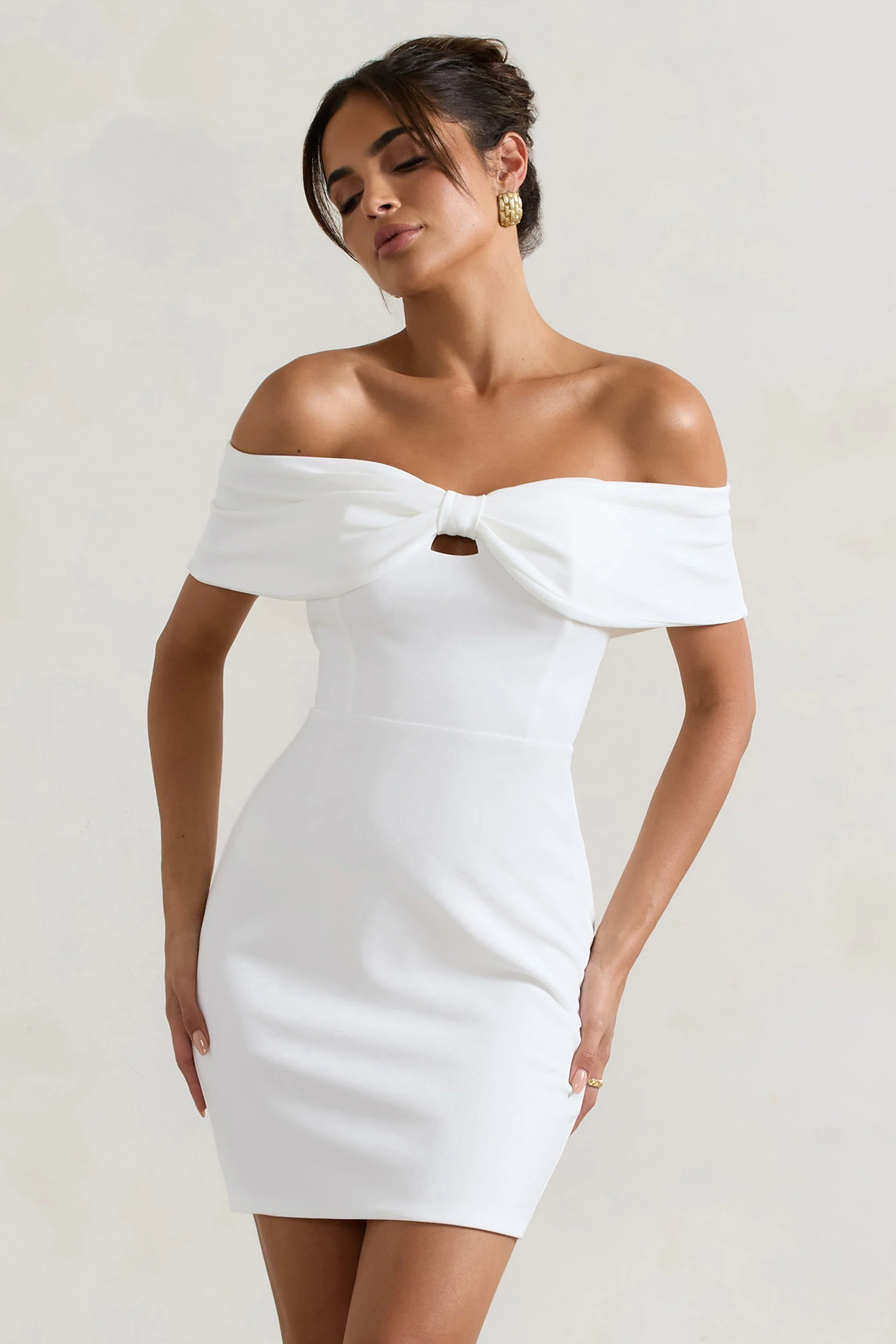 White Bow Bardot Mini Dress