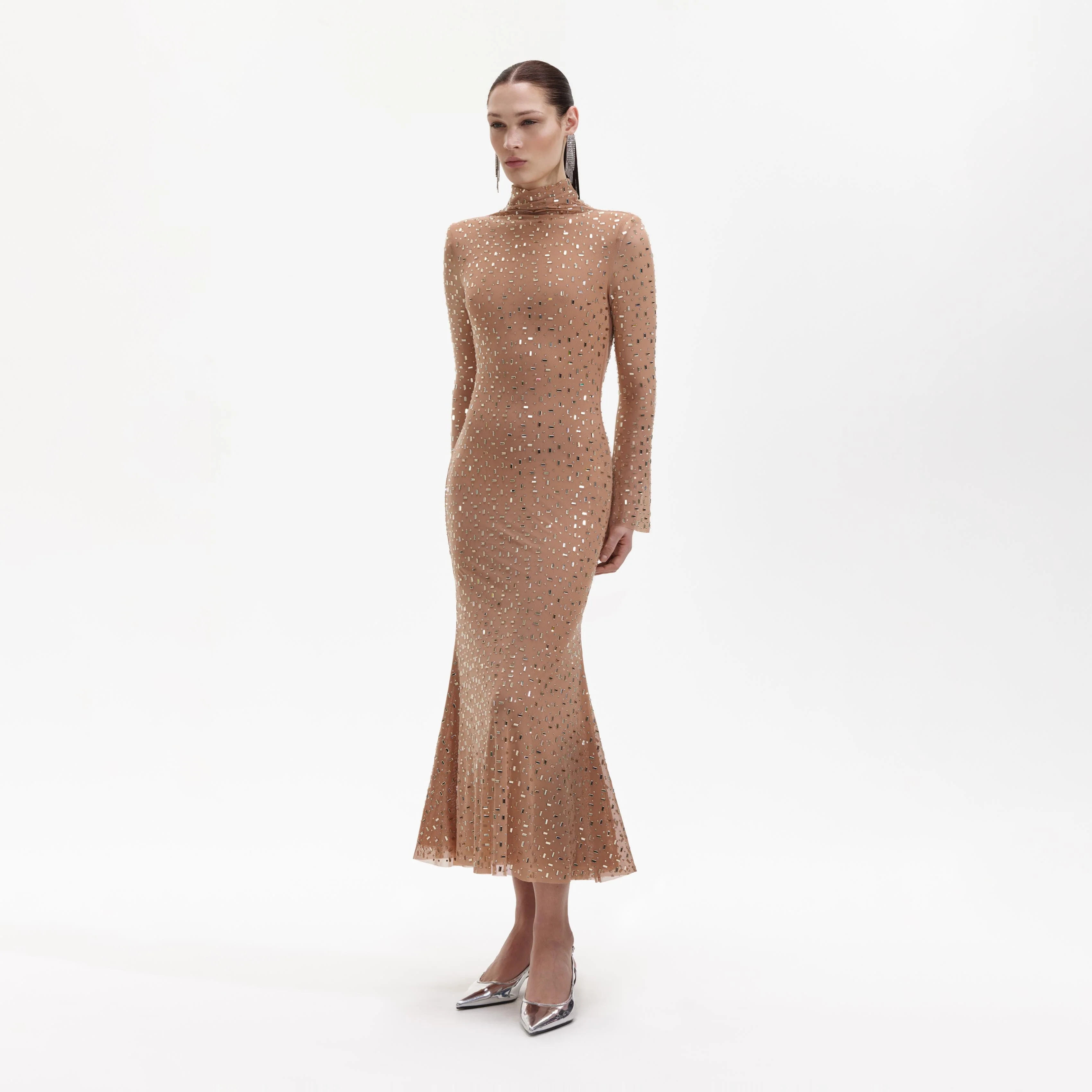 Gold Square Rhinestone Mesh Midi Dress