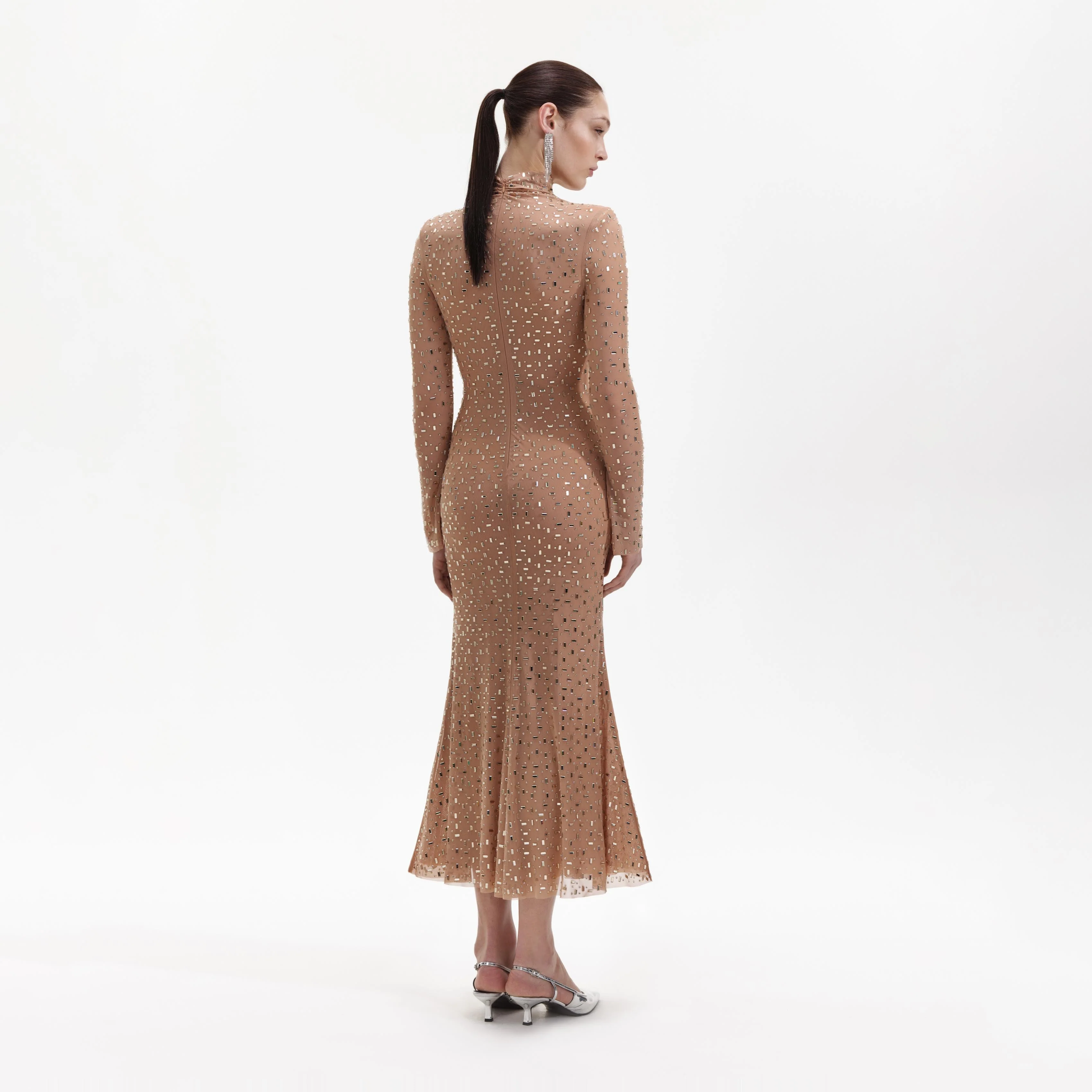 Gold Square Rhinestone Mesh Midi Dress