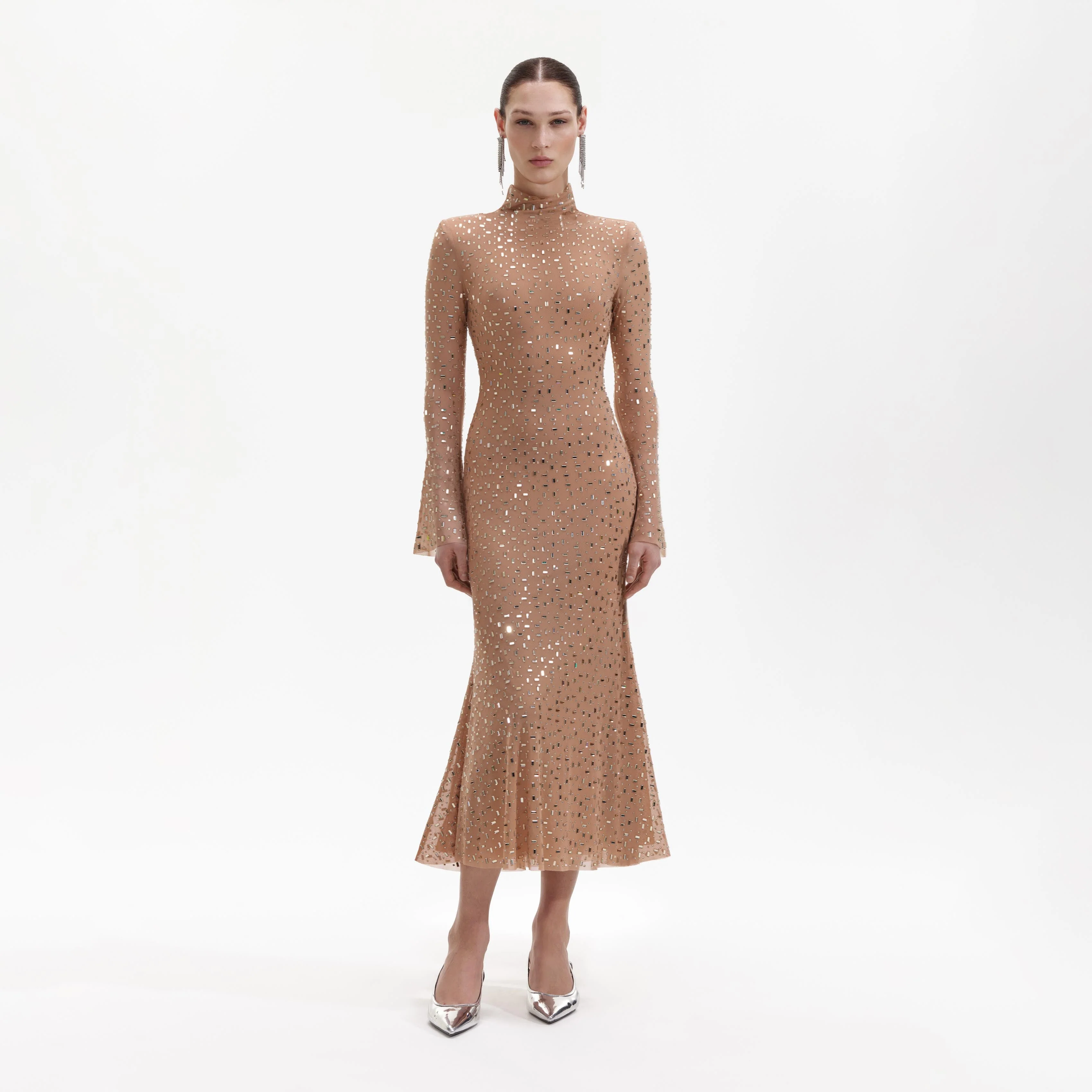 Gold Square Rhinestone Mesh Midi Dress