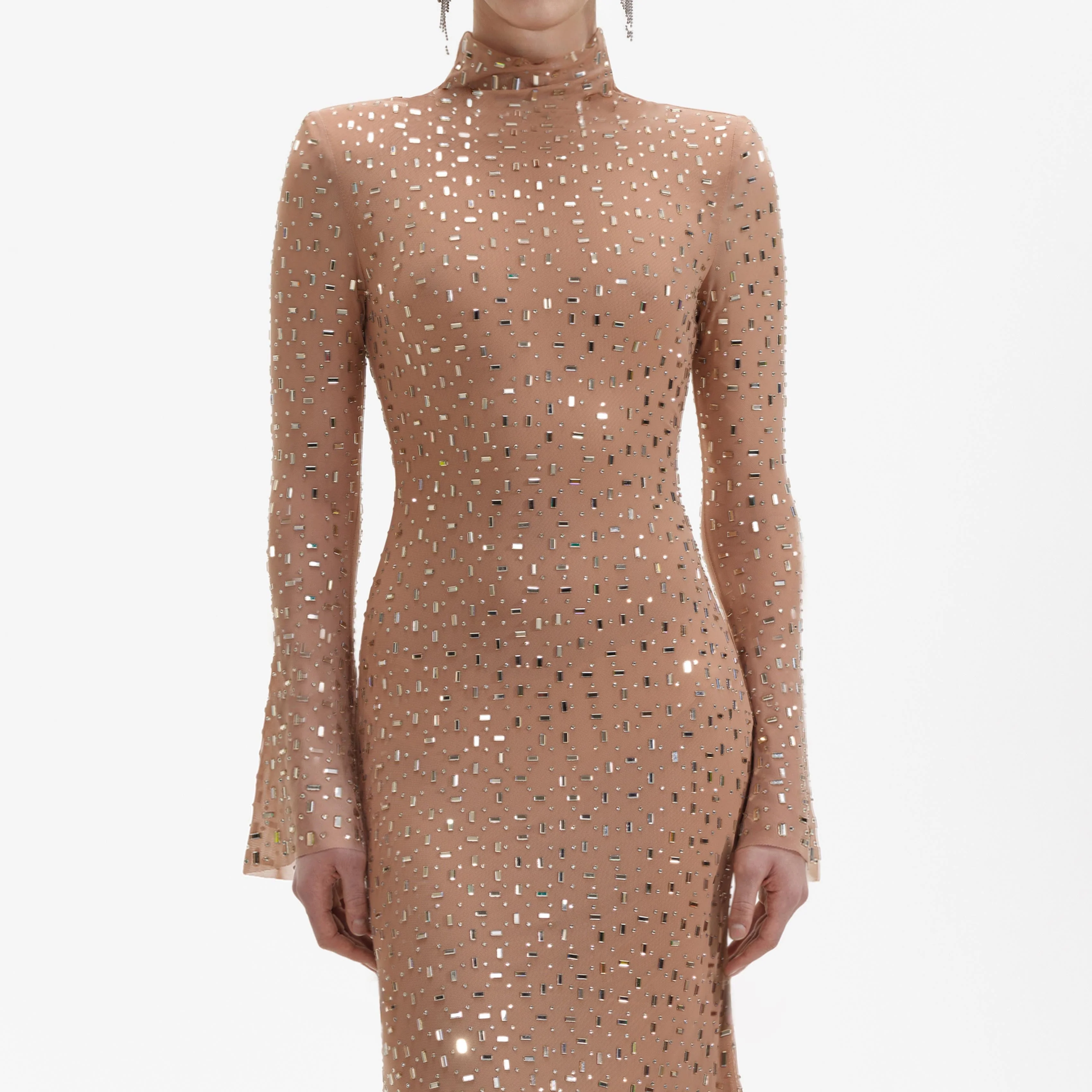 Gold Square Rhinestone Mesh Midi Dress