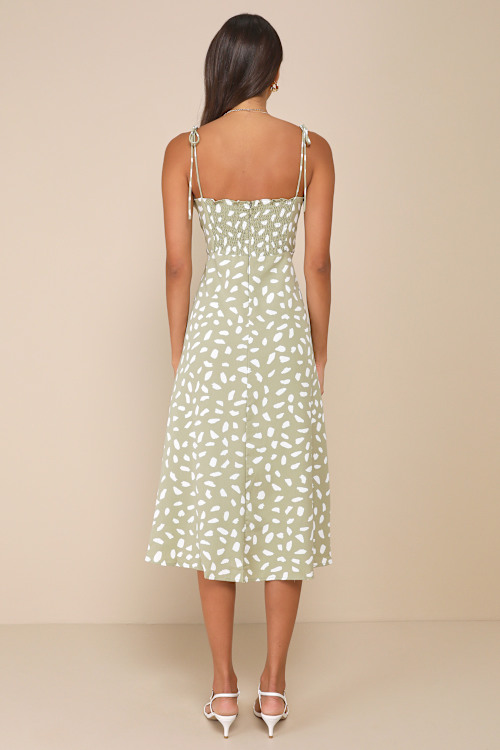 Party in Paris Sage Green Print Tie-Strap Midi Dress