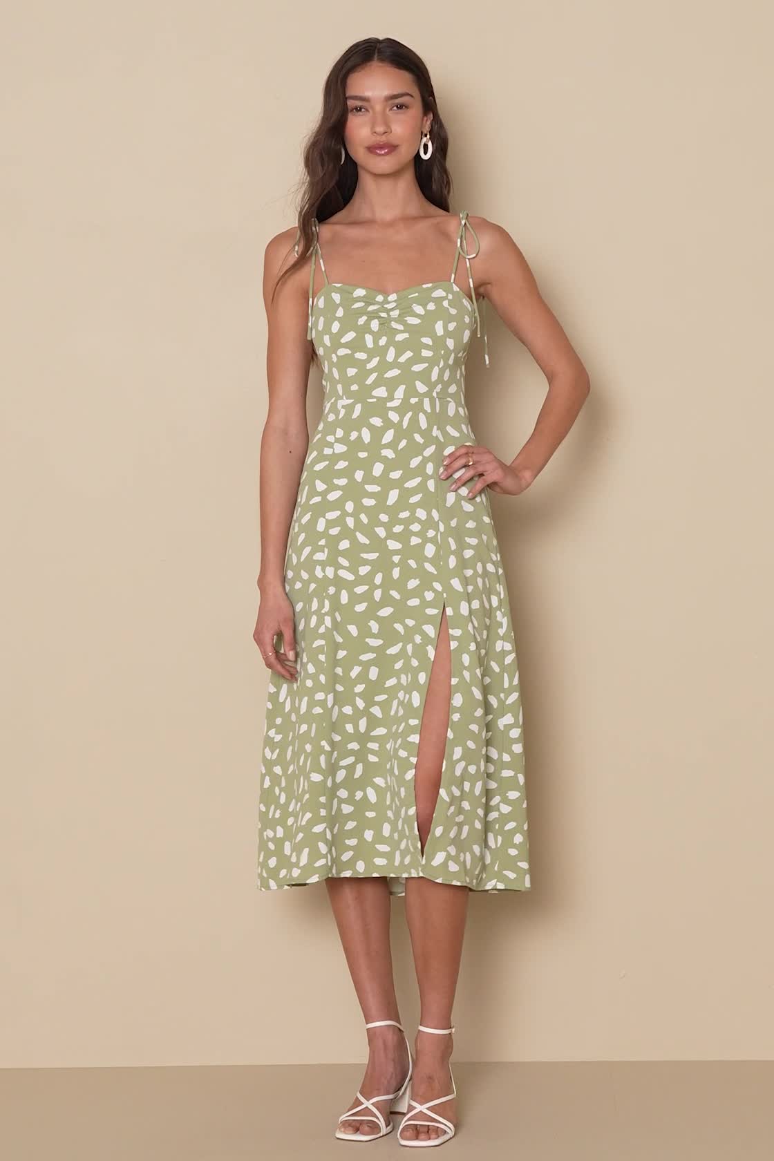 Party in Paris Sage Green Print Tie-Strap Midi Dress