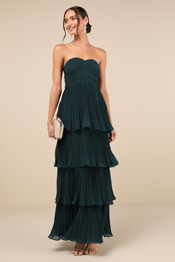 Seriously Sensational Emerald Strapless Tiered Maxi Dress