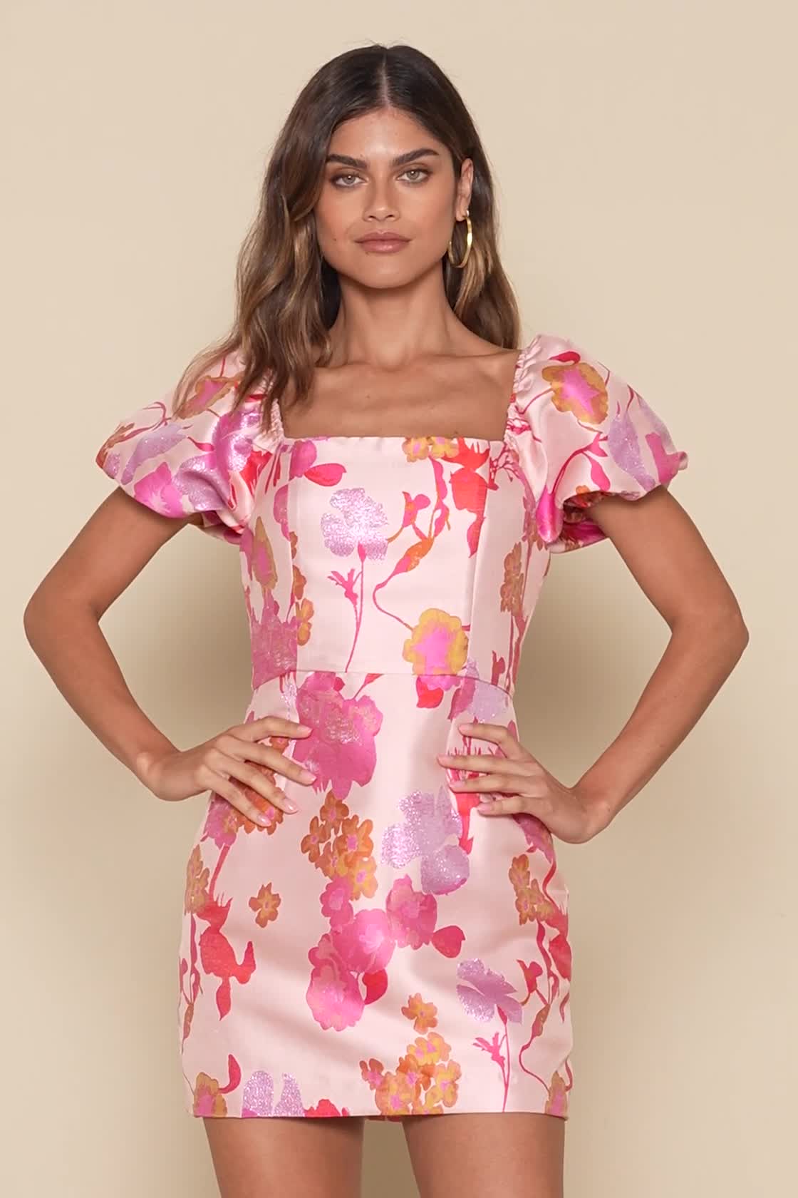 So Stunning Orange Multi Floral Jacquard Puff Sleeve Mini Dress