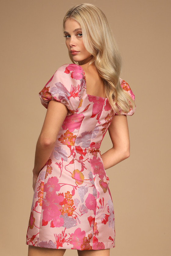 So Stunning Orange Multi Floral Jacquard Puff Sleeve Mini Dress