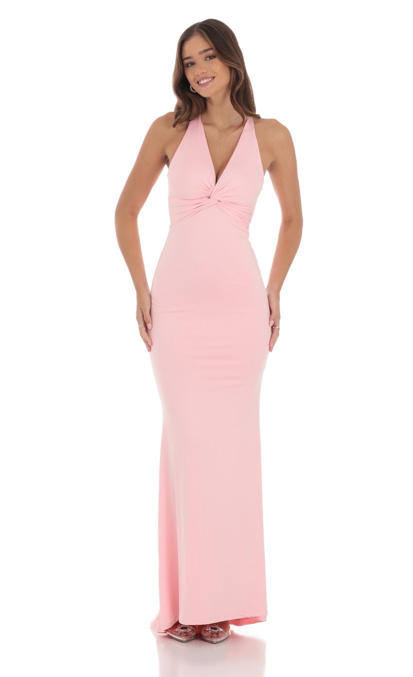 Front Twist V-Neck Maxi Dress in Pink