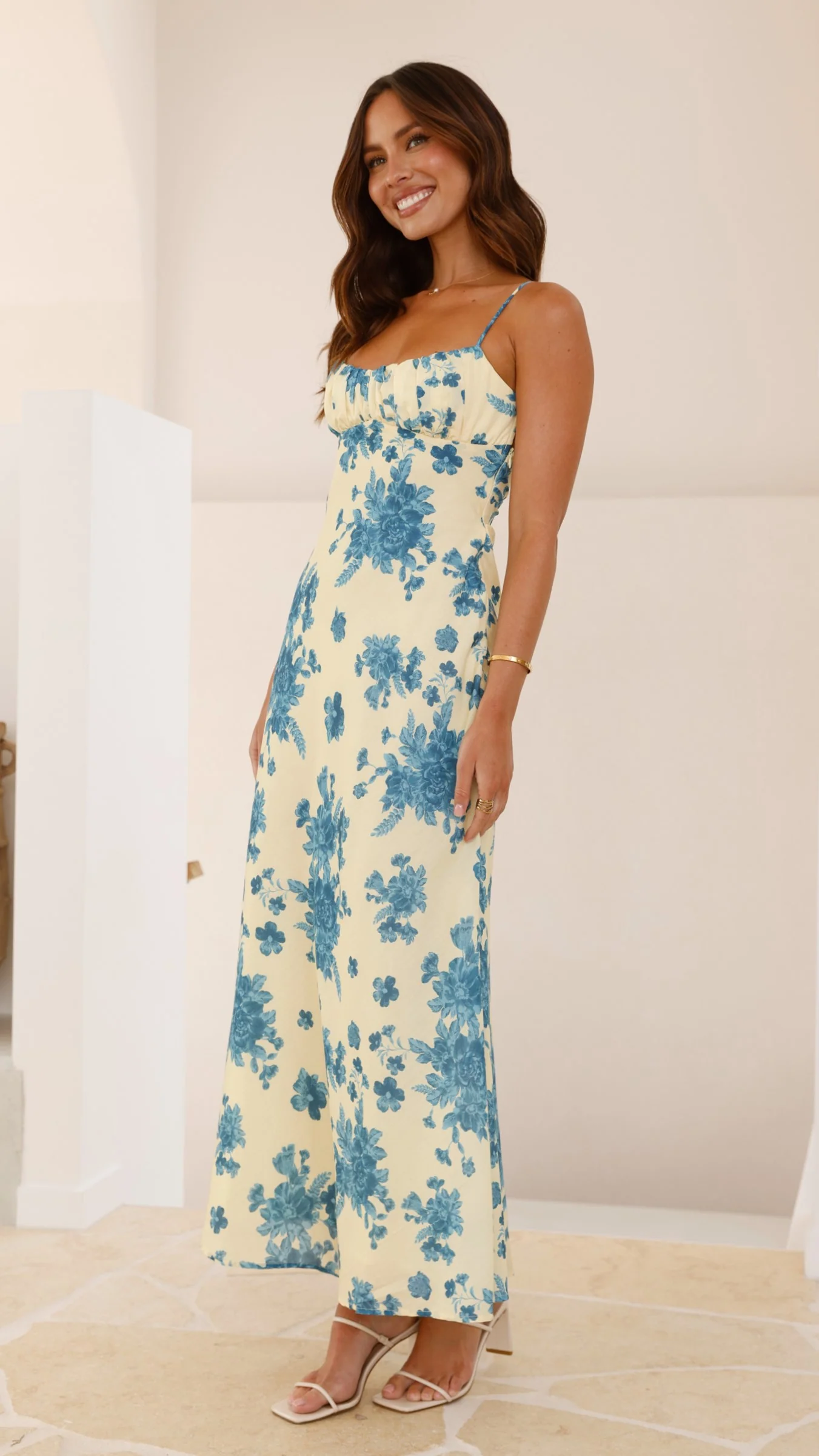 Margie Midi Dress - Yellow / Blue Floral