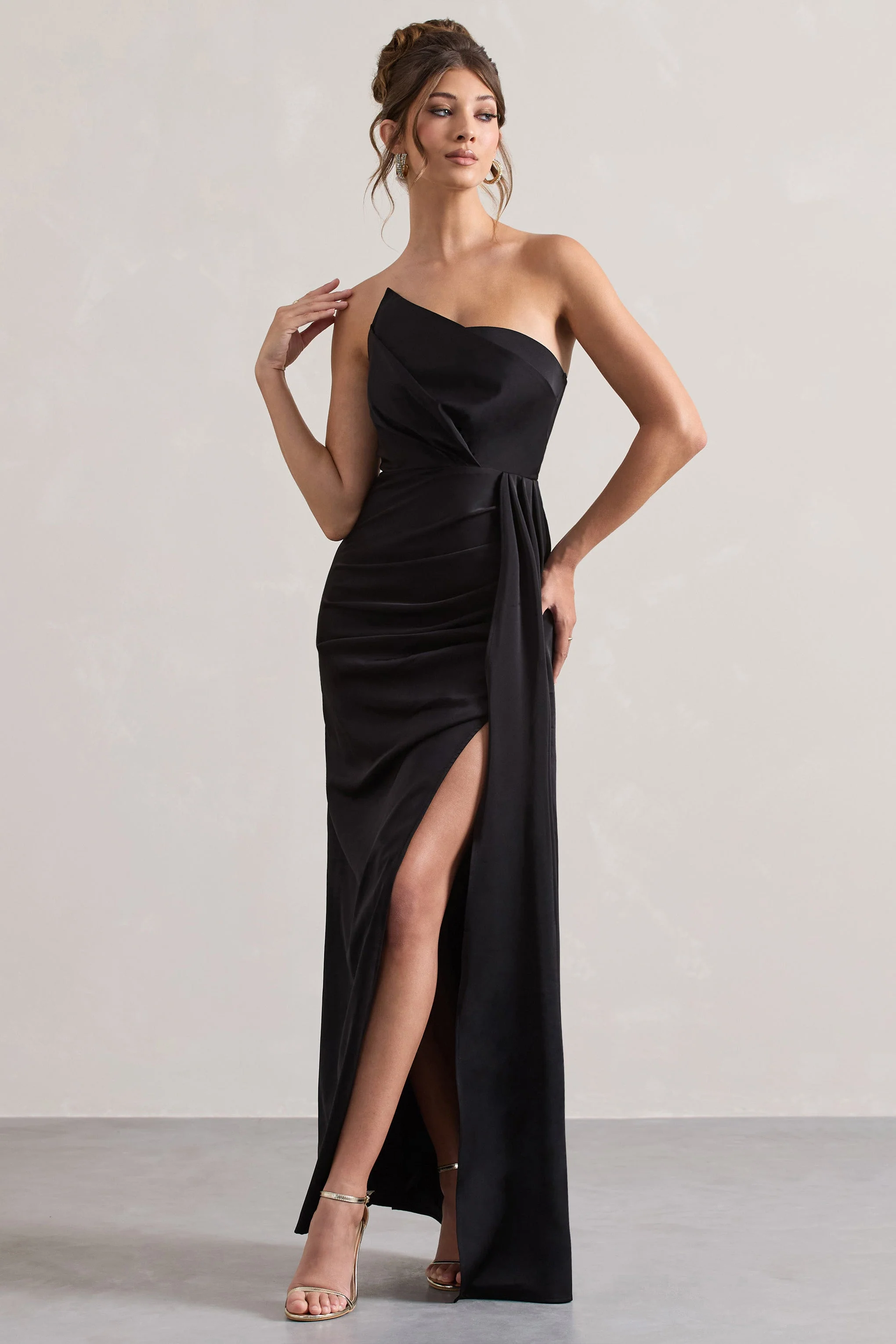 Hollywood | Black Satin Strapless Draped Maxi Dress