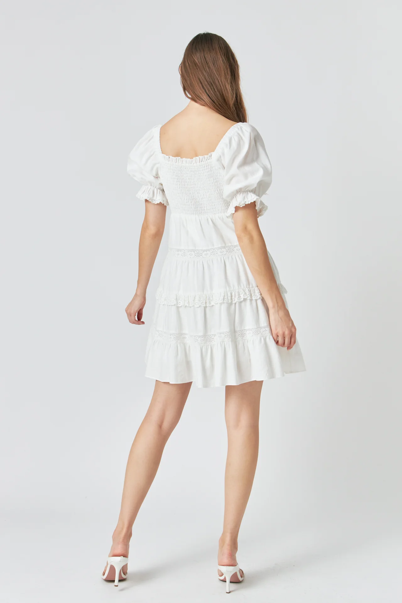 Linen Smocked Mini Dress with Lace