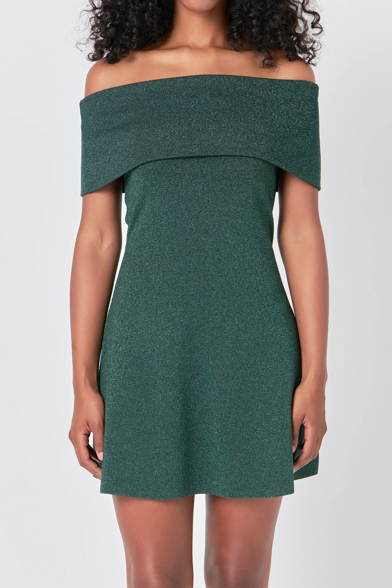 Off Shoulder Lurex Knit Mini Dress