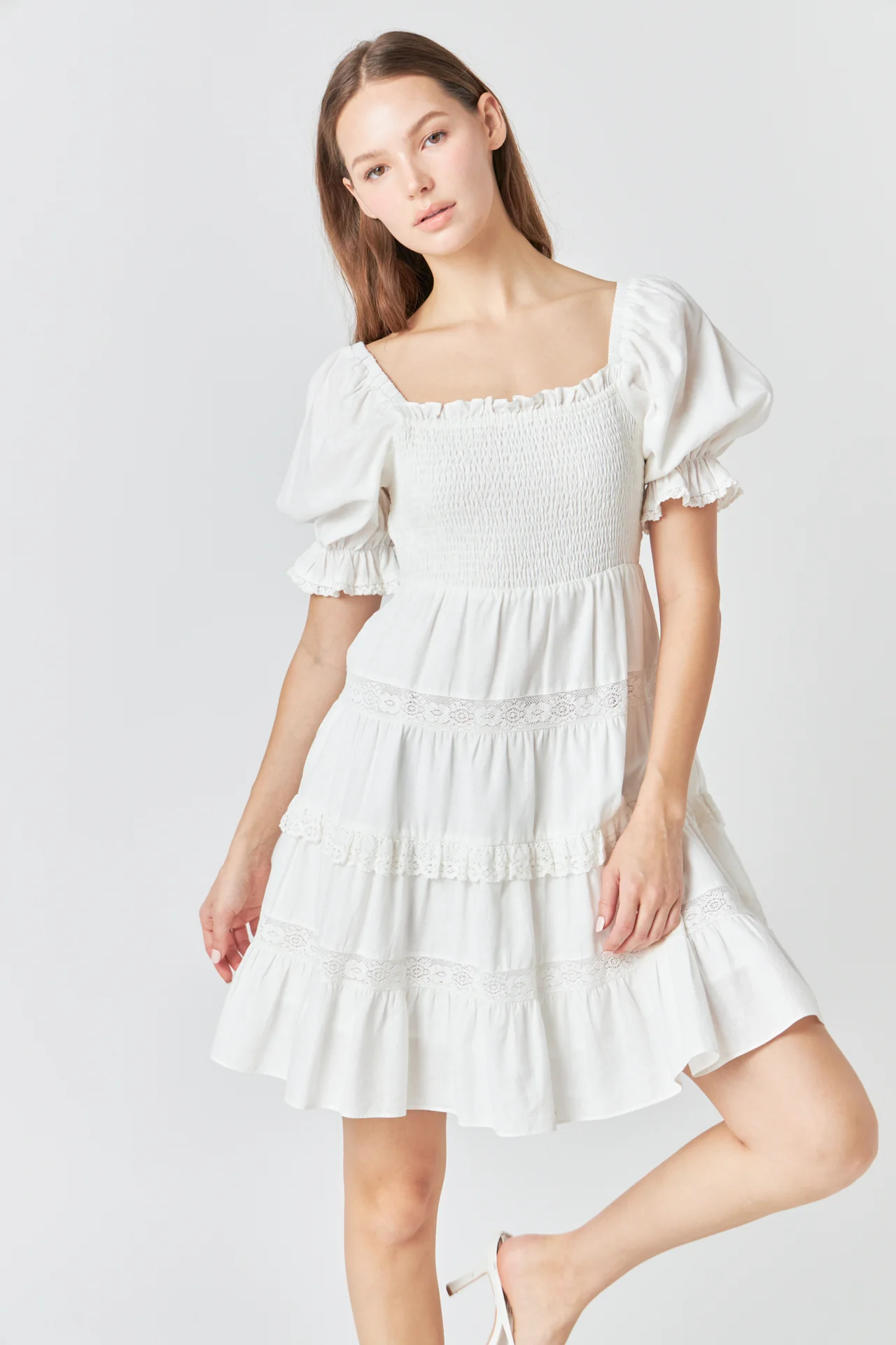 Linen Smocked Mini Dress with Lace
