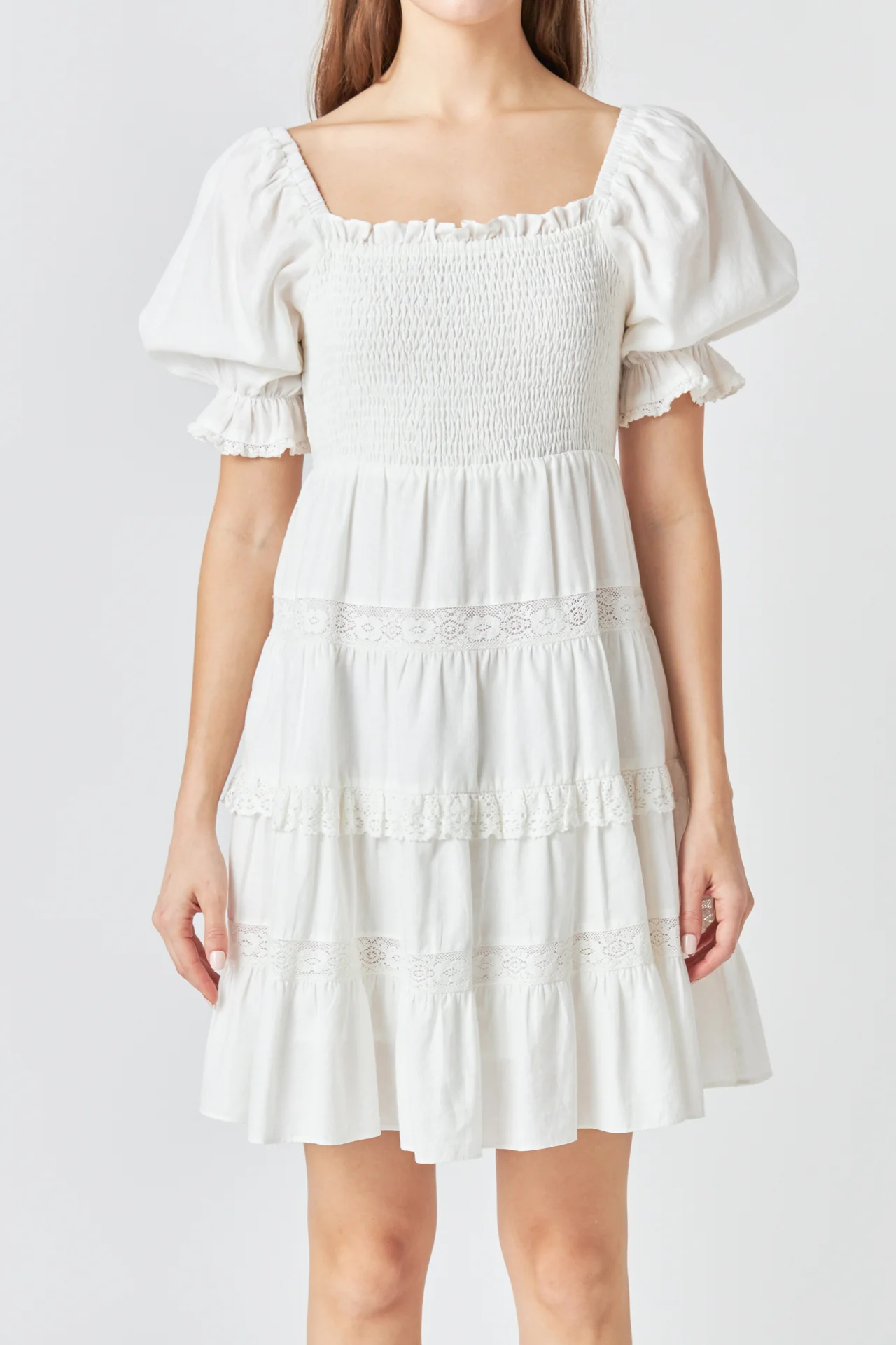 Linen Smocked Mini Dress with Lace