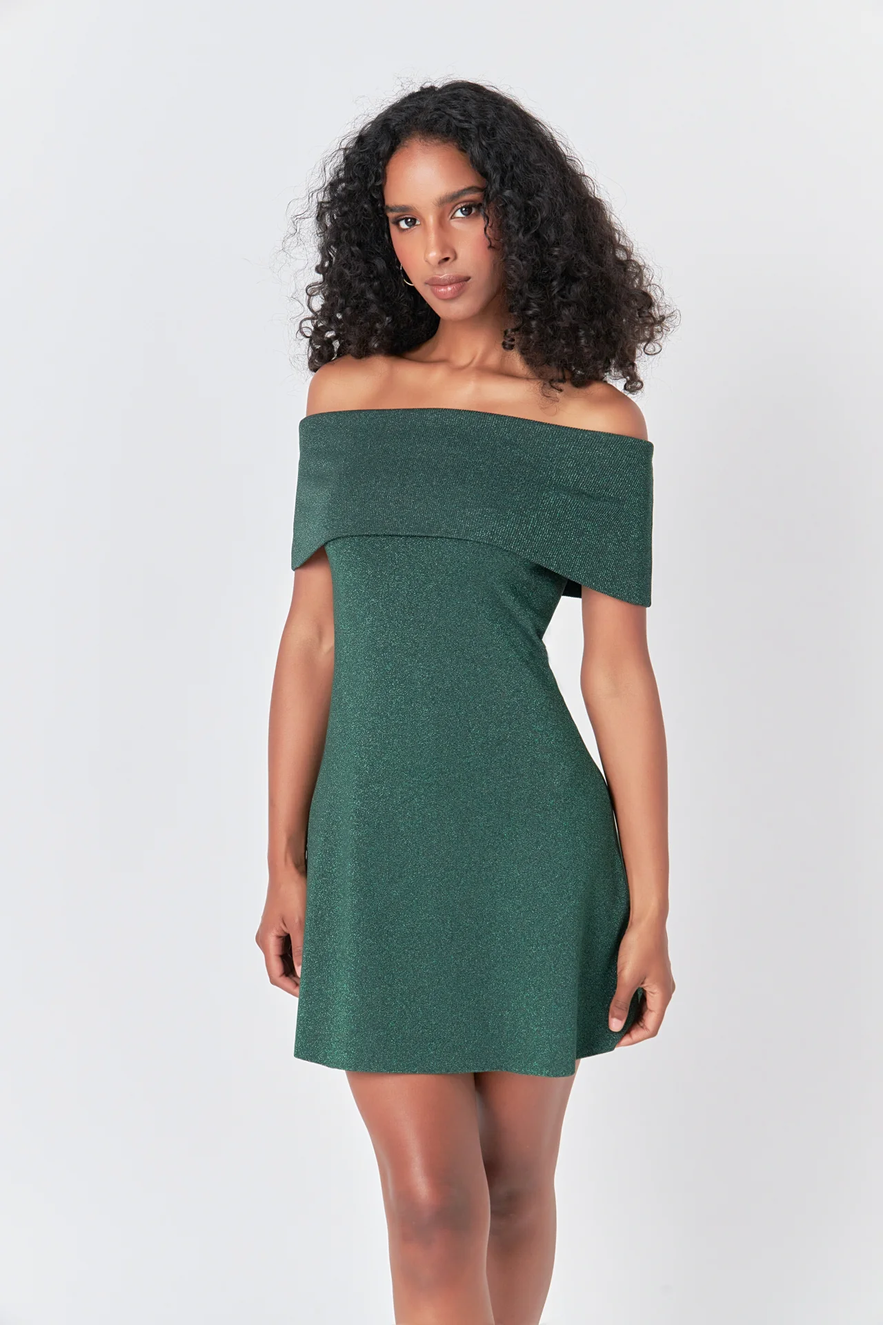 Off Shoulder Lurex Knit Mini Dress