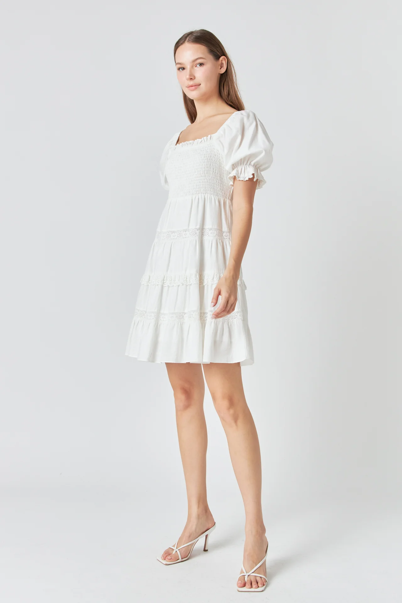 Linen Smocked Mini Dress with Lace
