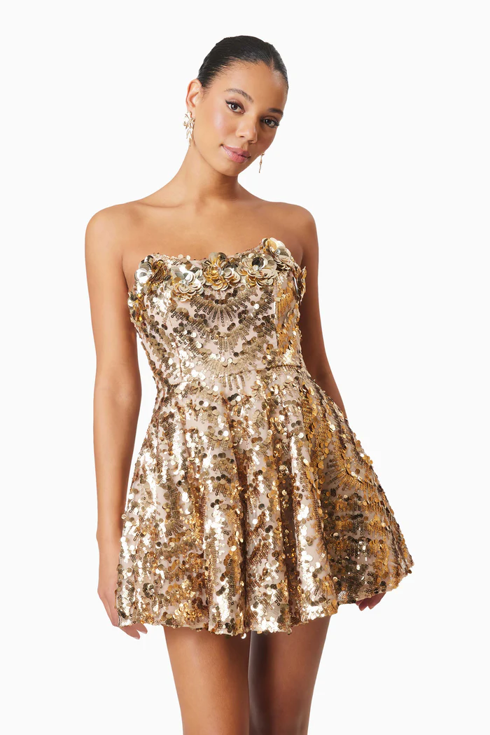 Alisha Strapless Fit & Flare Mini Dress In Gold