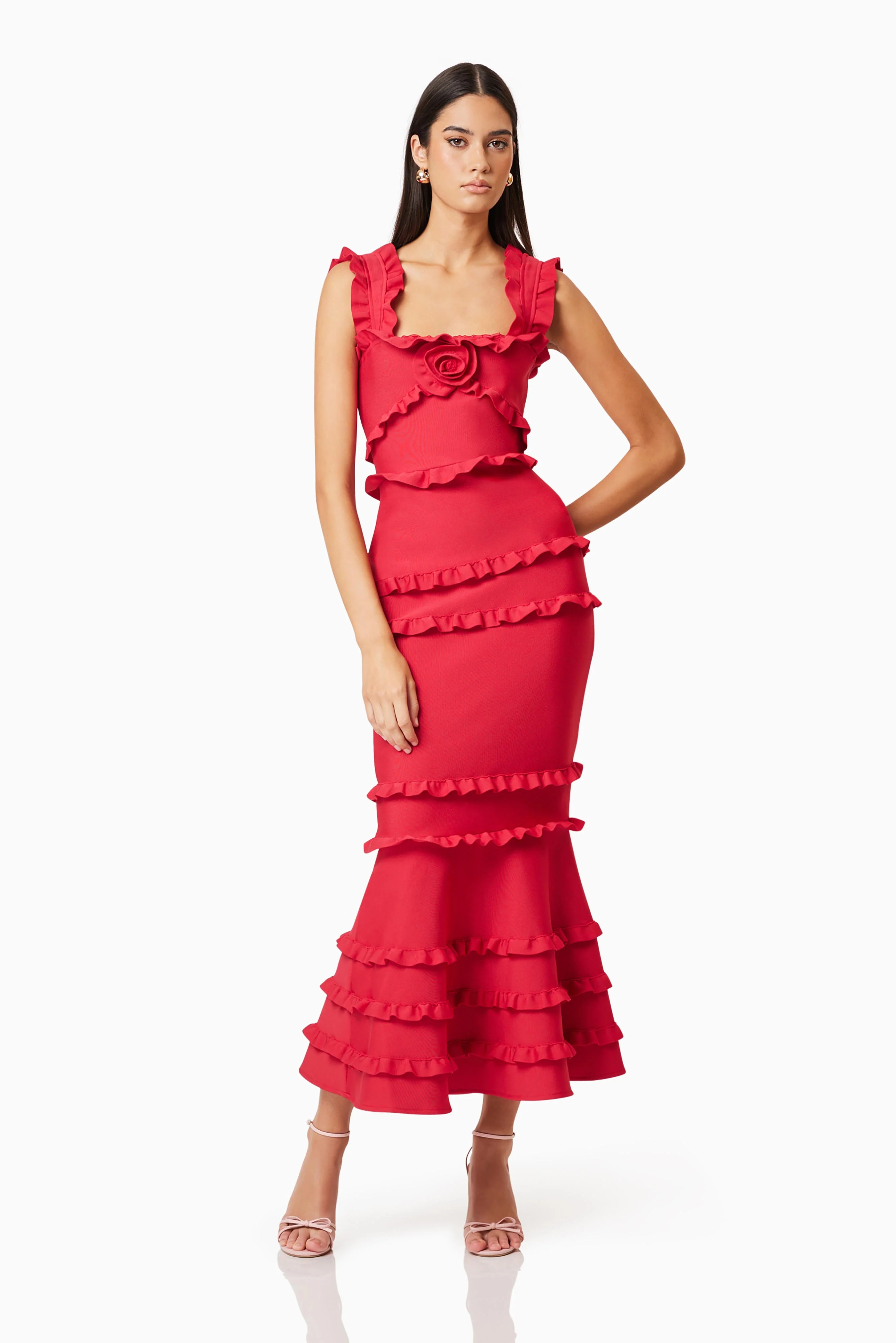 Kimberly Frill Maxi Dress in Red