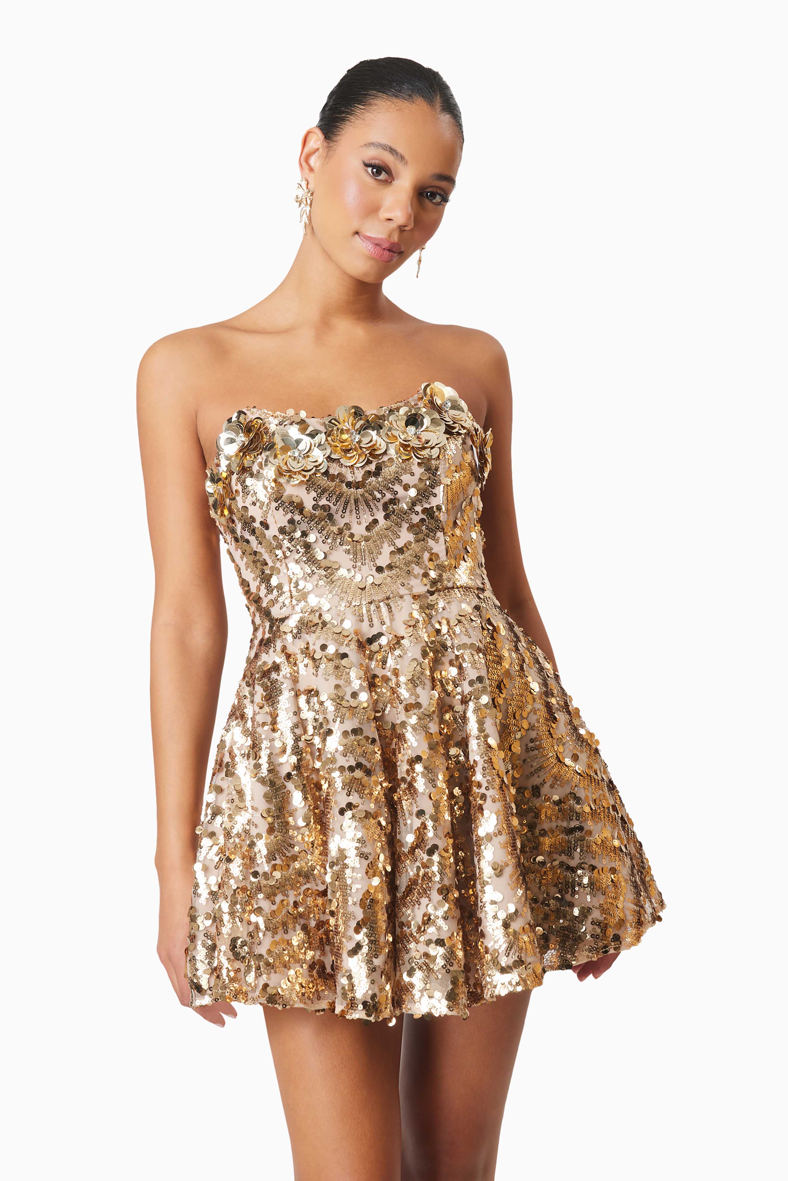 Alisha Strapless Fit & Flare Mini Dress In Gold