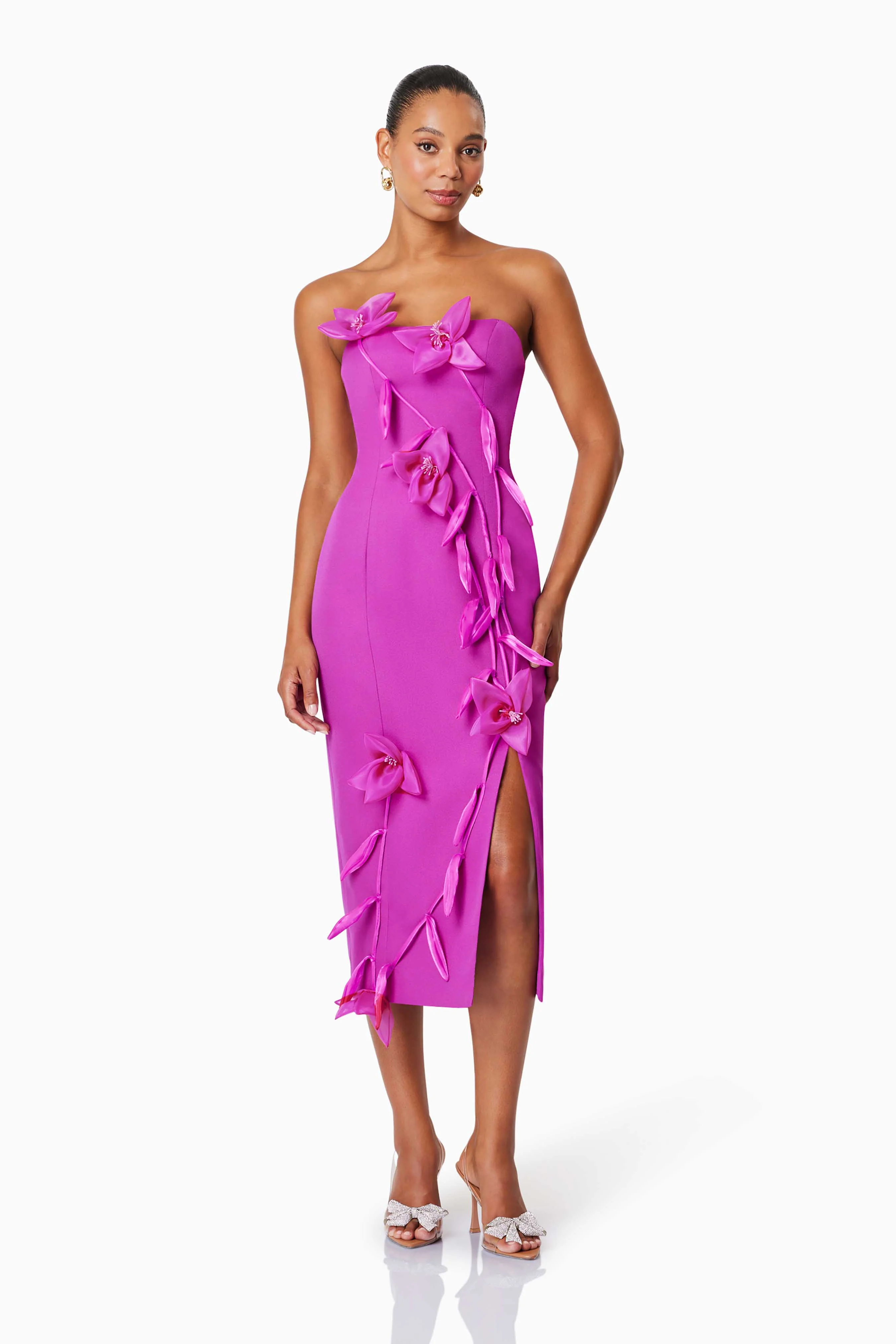 Bethany Strapless Floral Midi Dress In Purple